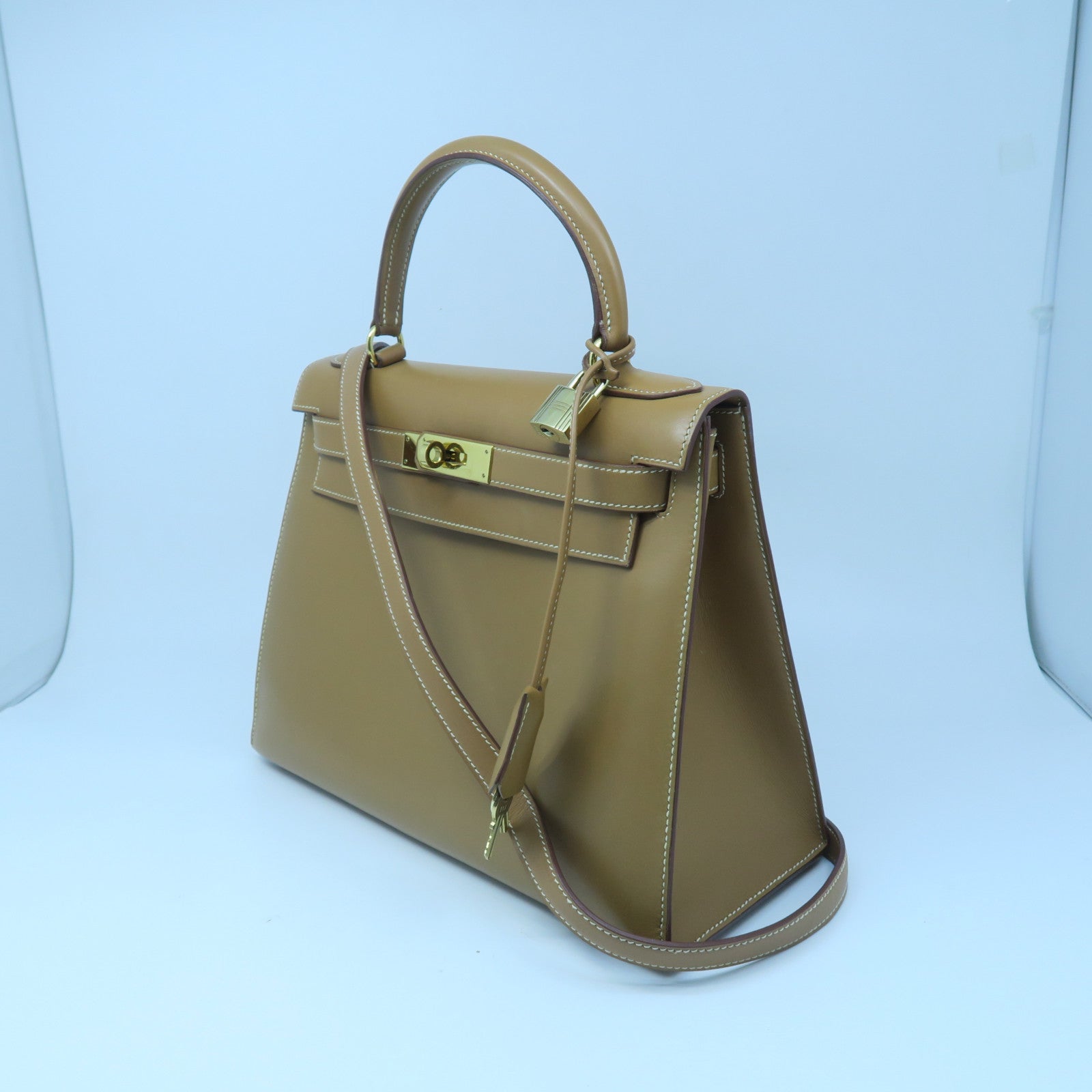HERMES Chamonix Leather Kelly 28 Gold Buckle Handle Shoulder Bag Brown