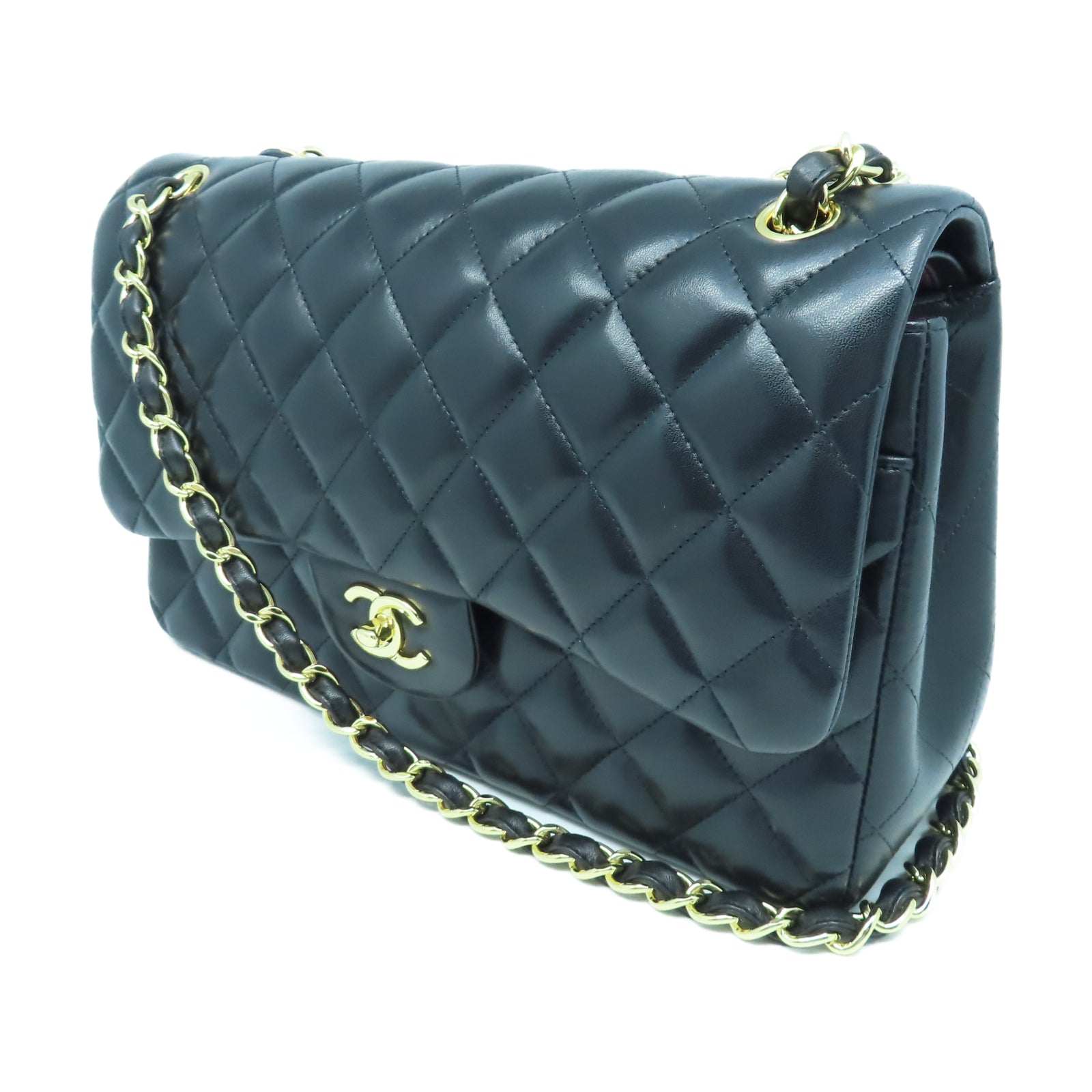 CHANEL 菱格羊皮皮革Jumbo金扣鏈帶肩背袋黑色