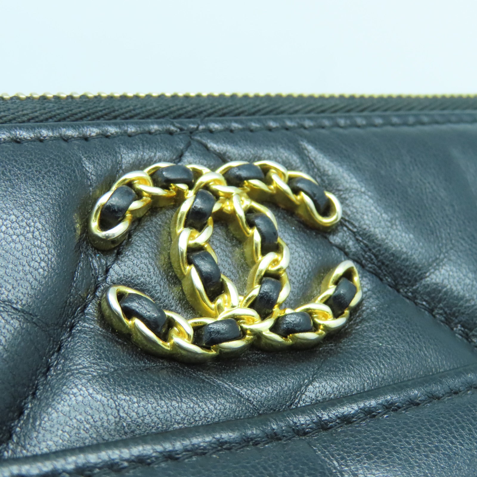 CHANEL Diamond Sheepskin Leather Pouch Gold Buckle Clutch Black