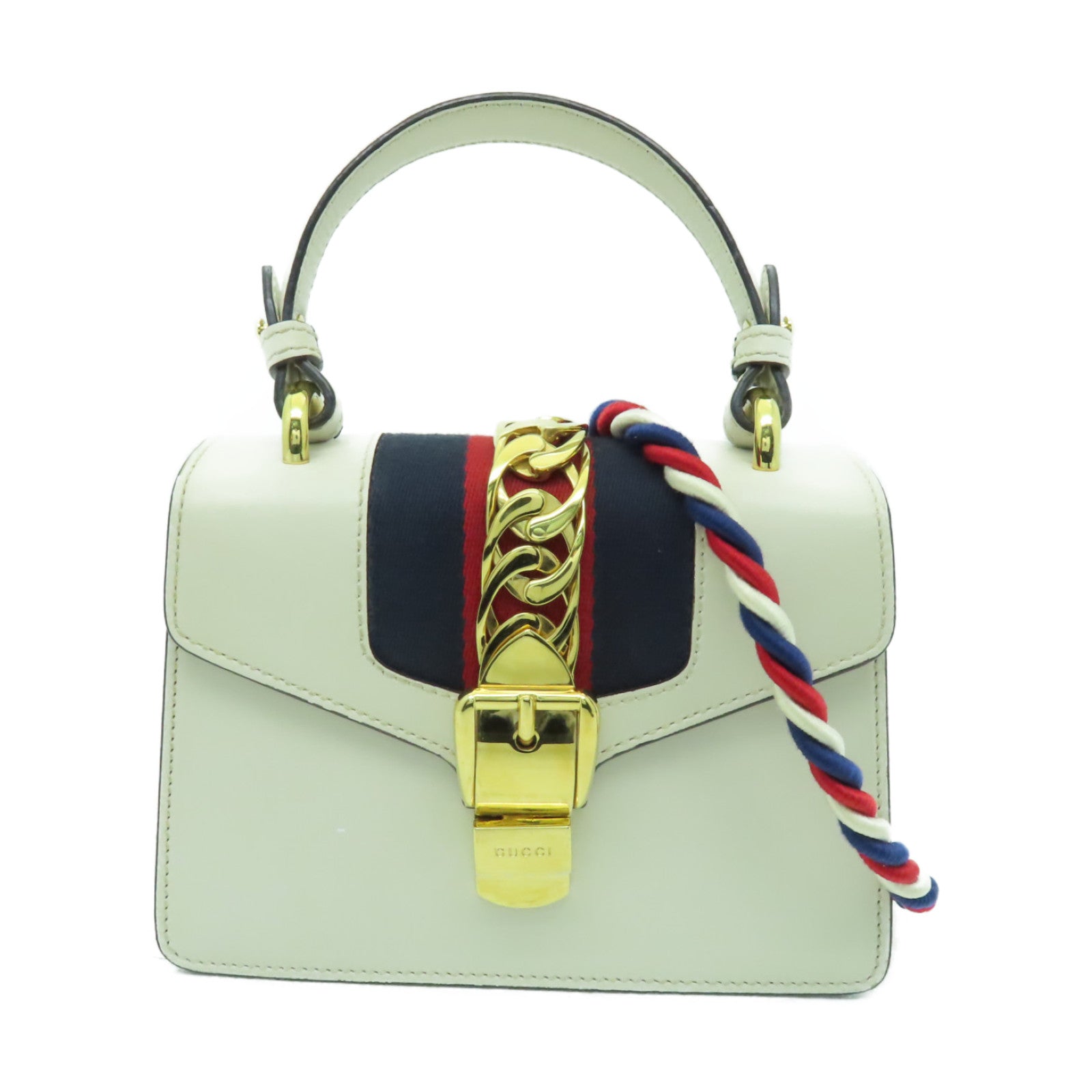 GUCCI 牛皮皮革Sylvie Mini Bag金扣手挽肩背兩用袋白色