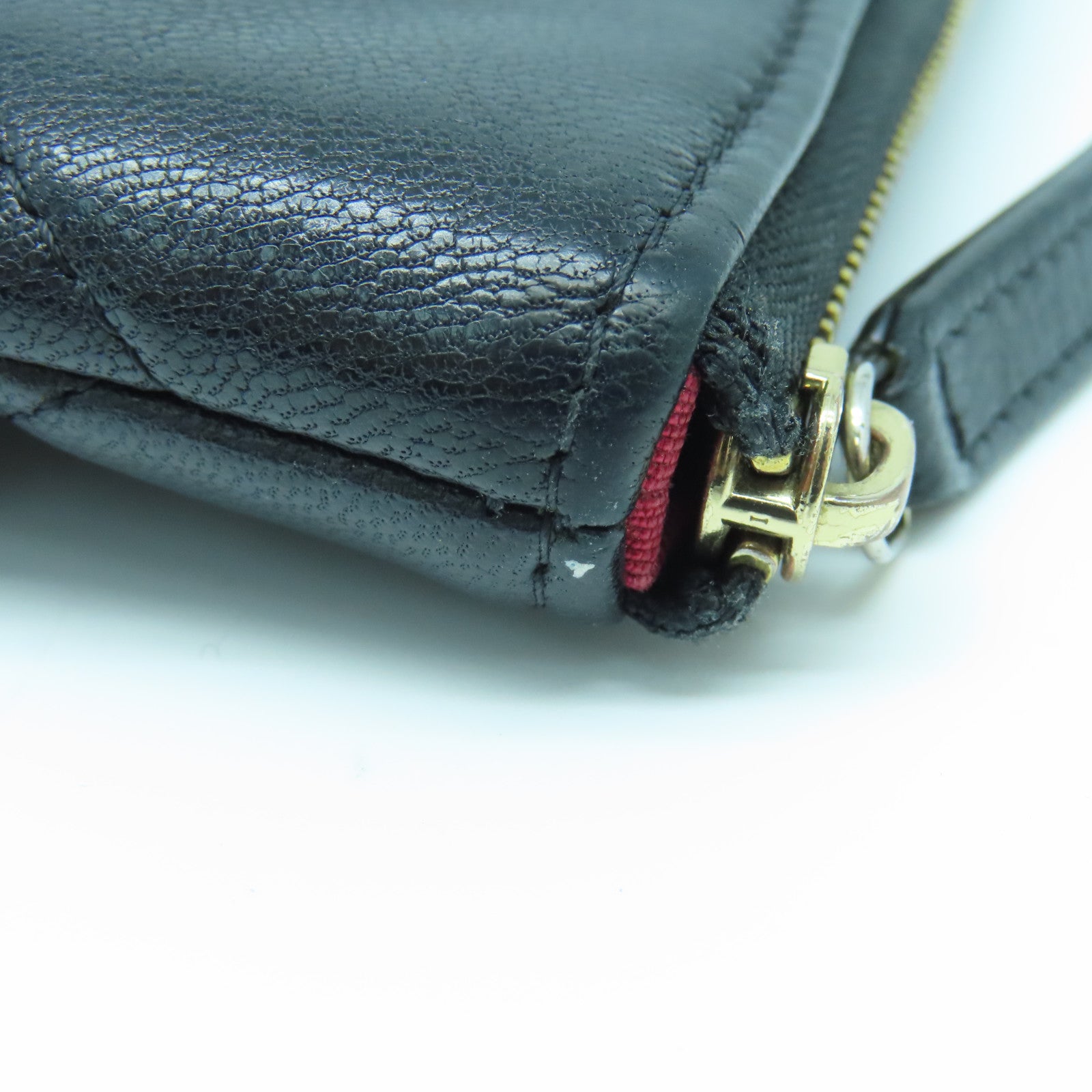 CHANEL Diamond Sheepskin Leather Pouch Gold Buckle Clutch Black