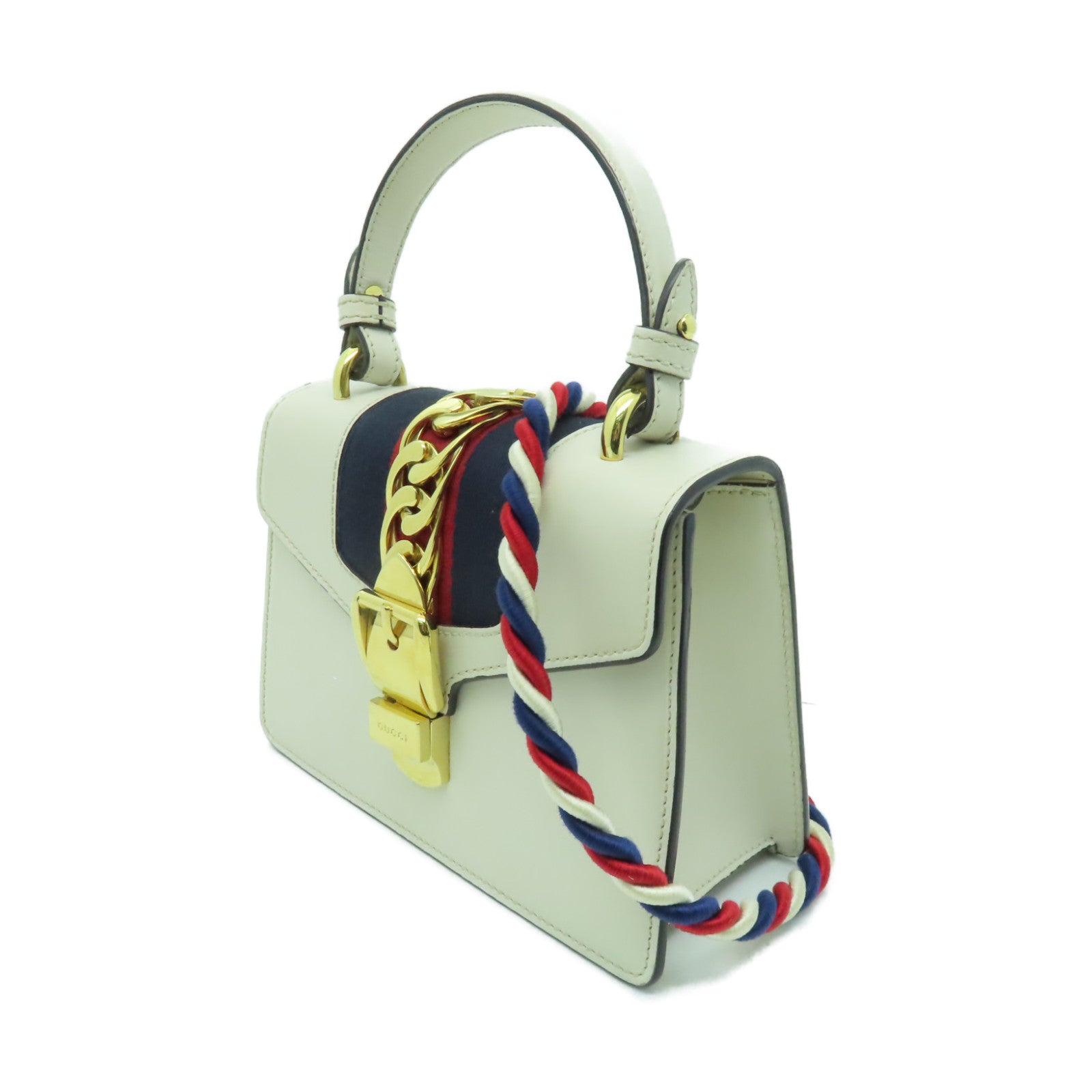GUCCI 牛皮皮革Sylvie Mini Bag金扣手挽肩背兩用袋白色