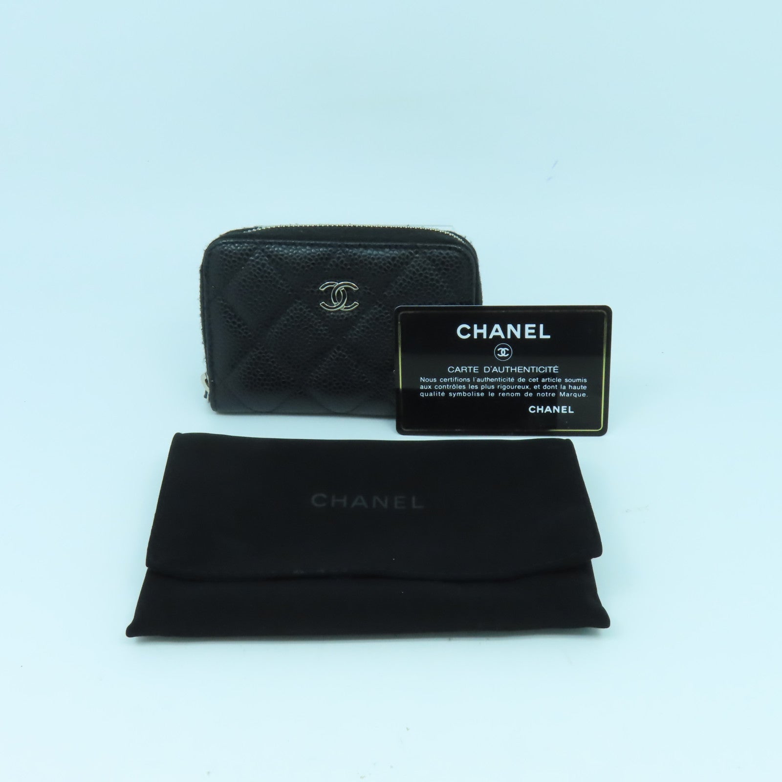CHANEL 菱格Caviar皮革Card Case銀扣卡片套黑色