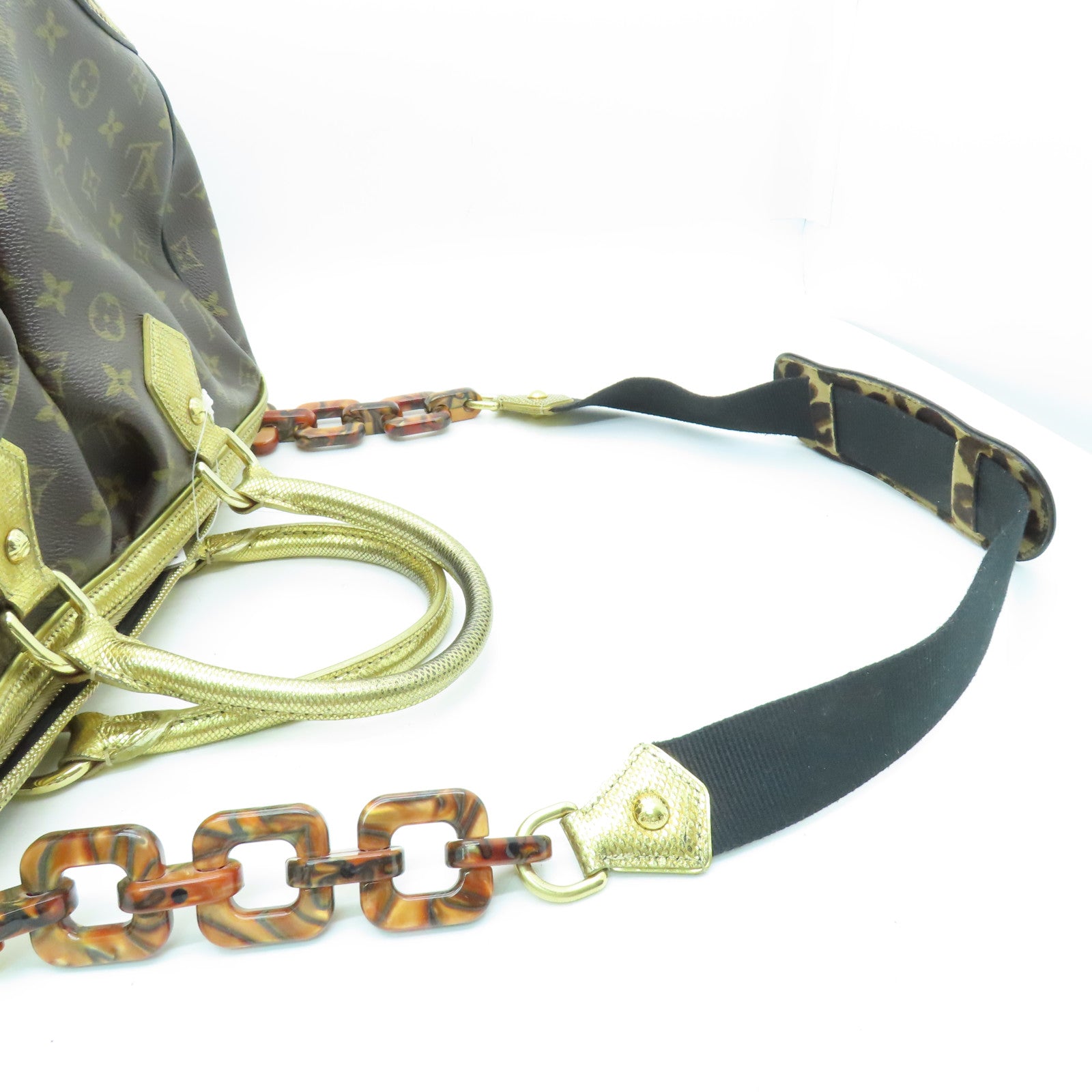 LOUIS VUITTON Monogram/蛇皮皮革Leopard Stephen金扣手挽肩背兩用袋啡色
