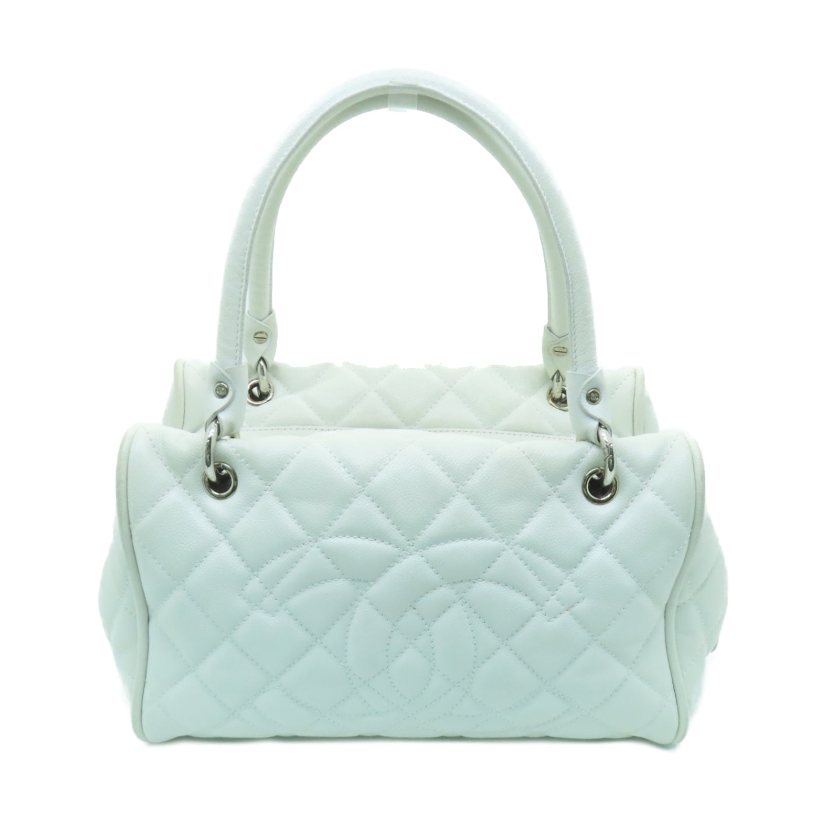 CHANEL 菱格Caviar皮革Handbag銀扣肩背袋/手挽袋白色
