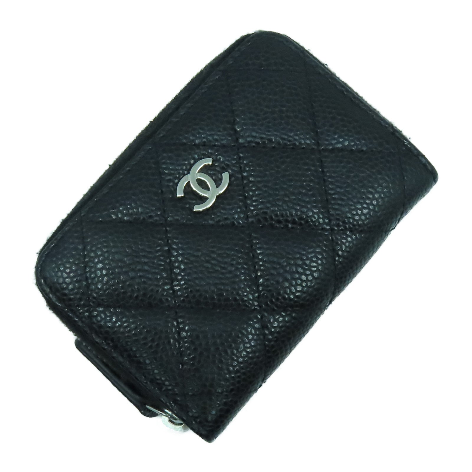 CHANEL 菱格Caviar皮革Card Case銀扣卡片套黑色