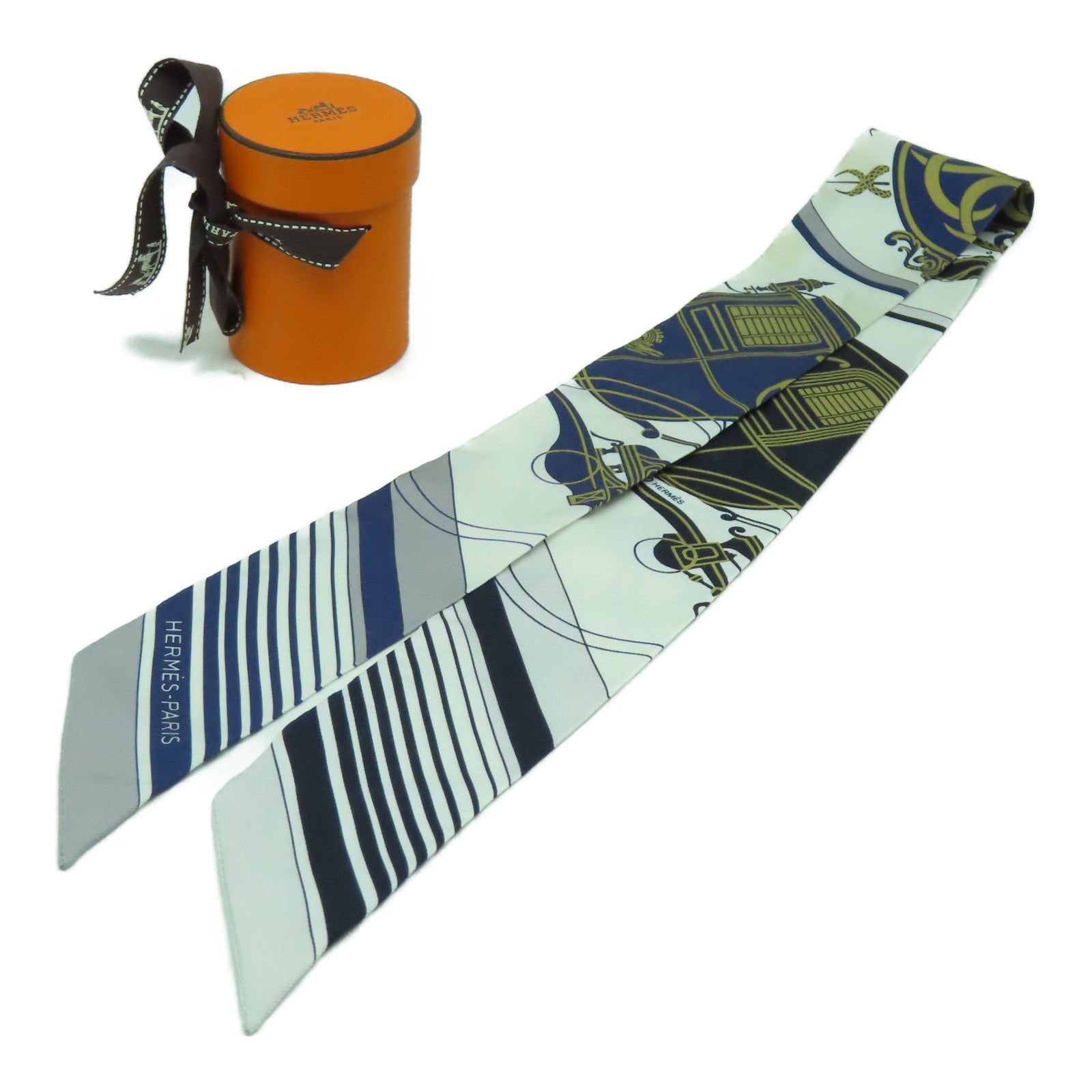HERMES 絲質Twilly Scarf絲巾白色/藍色