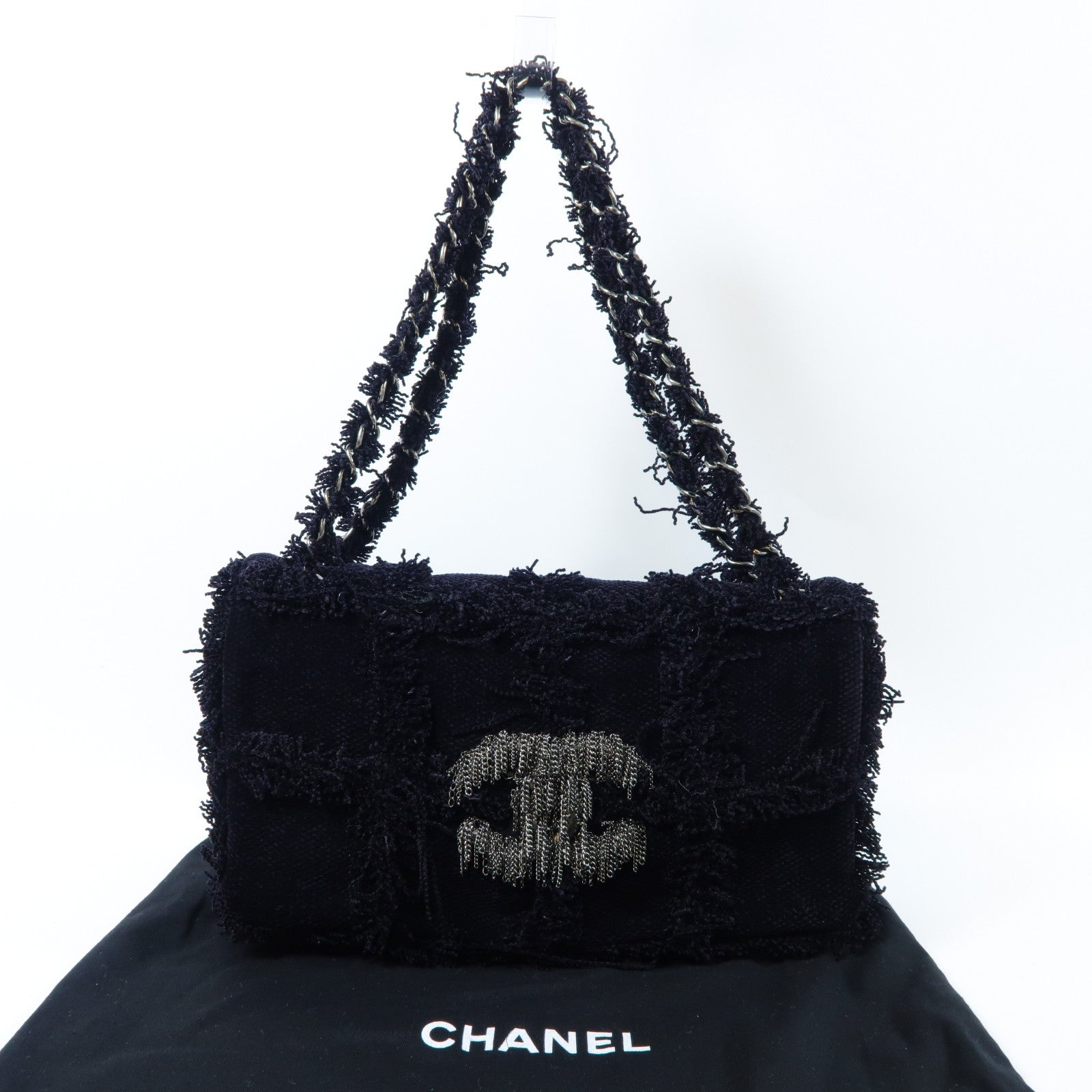 CHANEL 斜紋軟呢Chain Shoulder Bag銀扣鏈帶肩背袋黑色