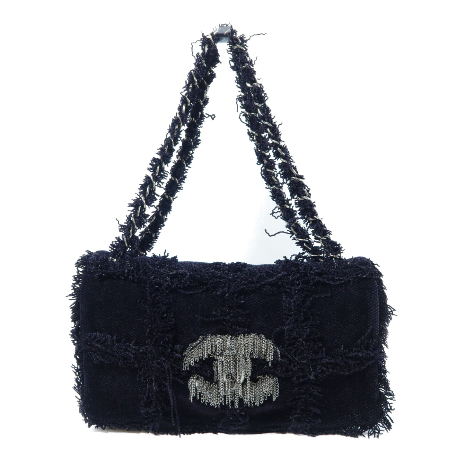 CHANEL 斜紋軟呢Chain Shoulder Bag銀扣鏈帶肩背袋黑色