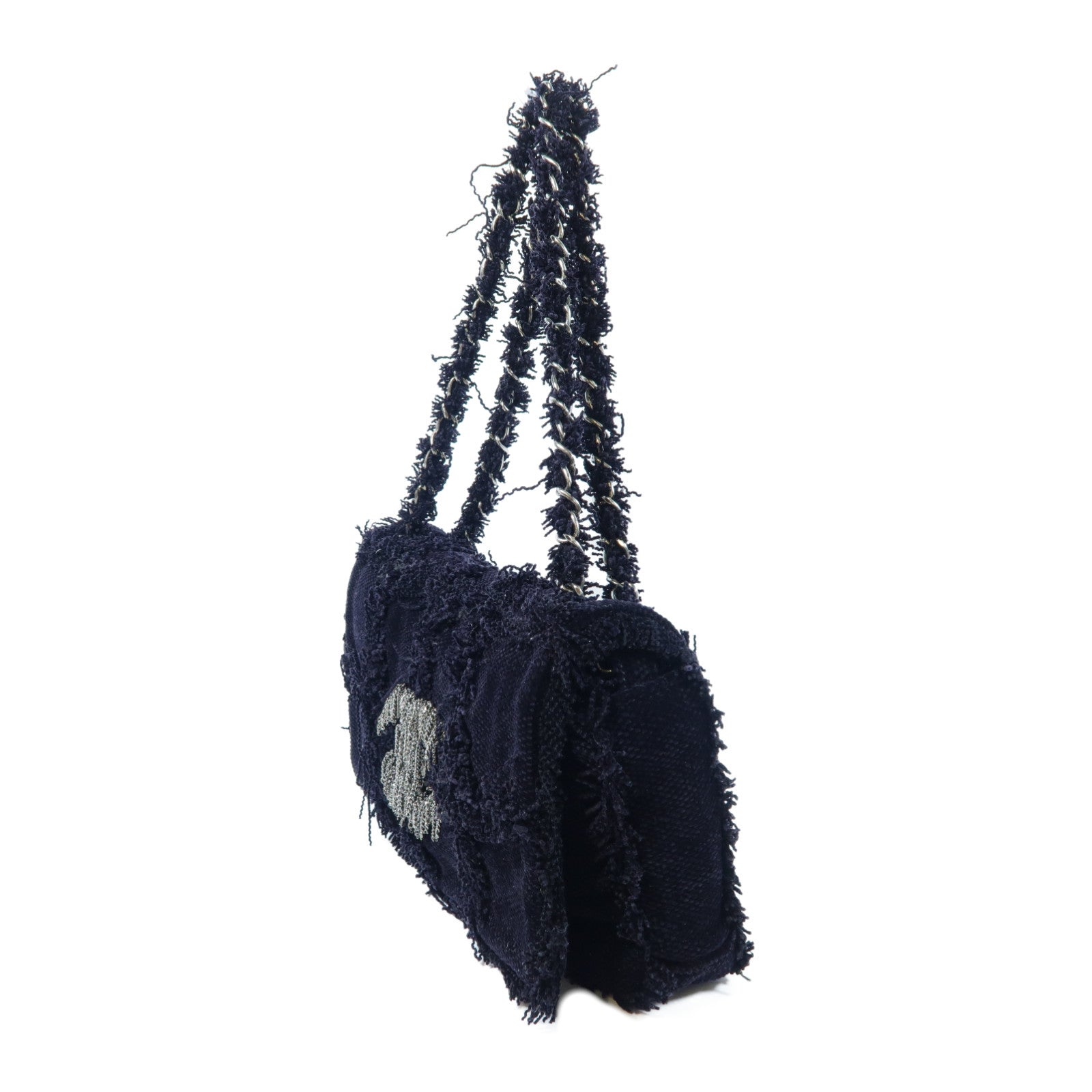 CHANEL 斜紋軟呢Chain Shoulder Bag銀扣鏈帶肩背袋黑色