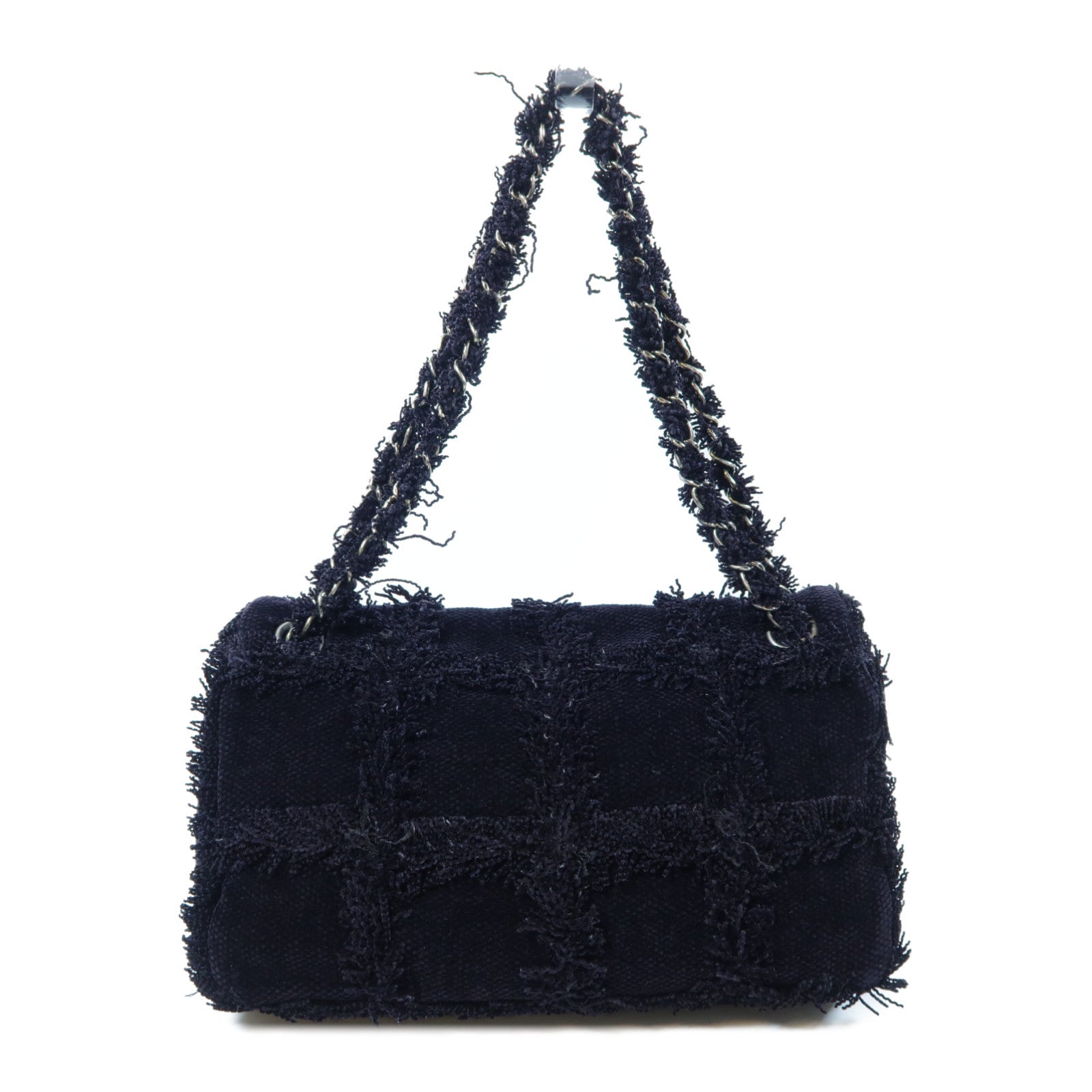 CHANEL 斜紋軟呢Chain Shoulder Bag銀扣鏈帶肩背袋黑色