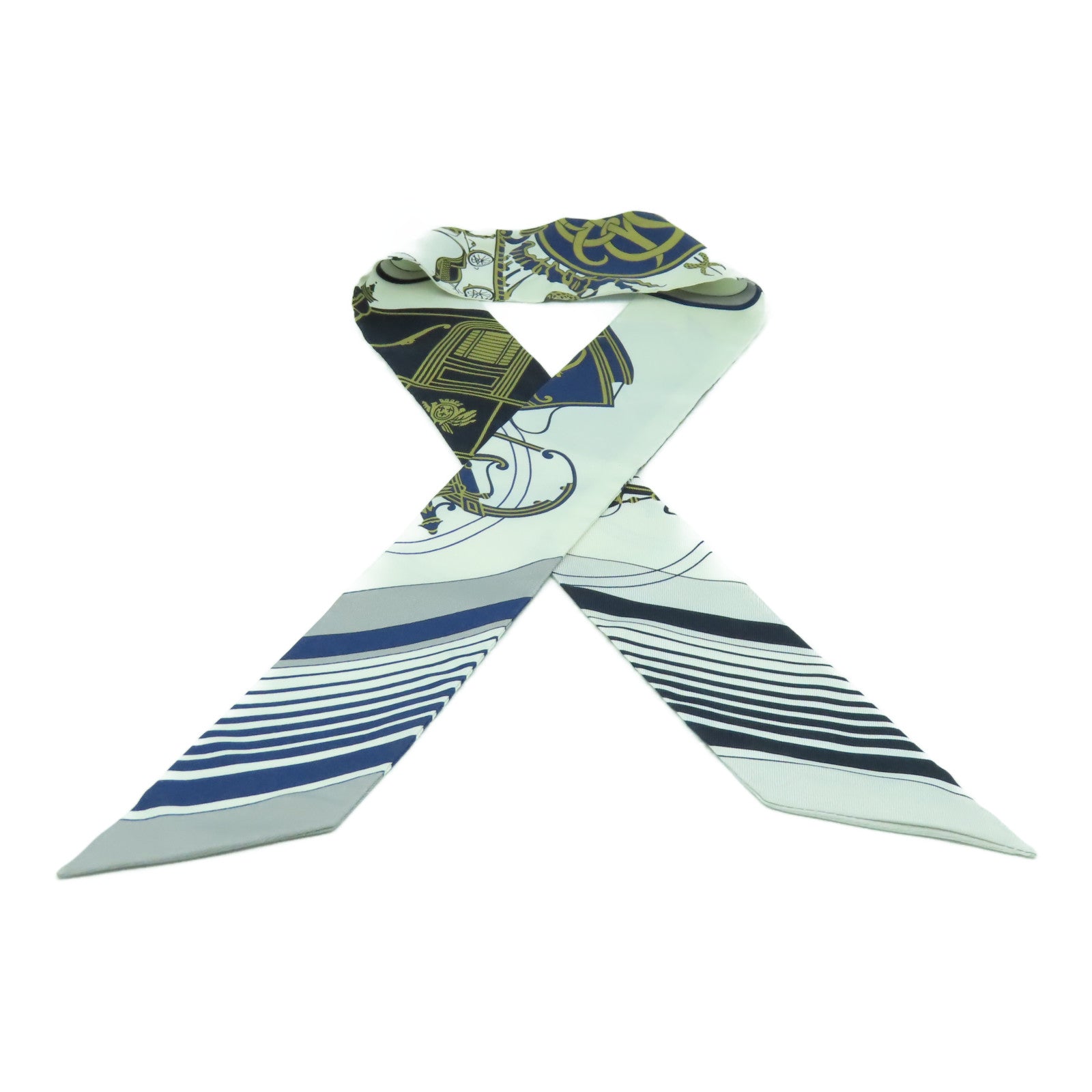 HERMES 絲質Twilly Scarf絲巾白色/藍色