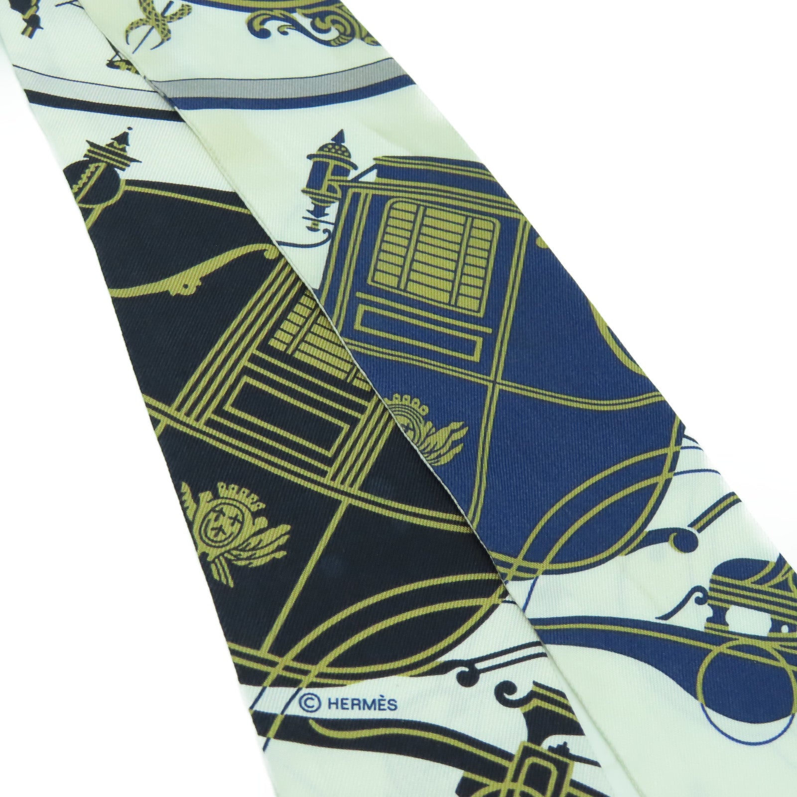 HERMES 絲質Twilly Scarf絲巾白色/藍色