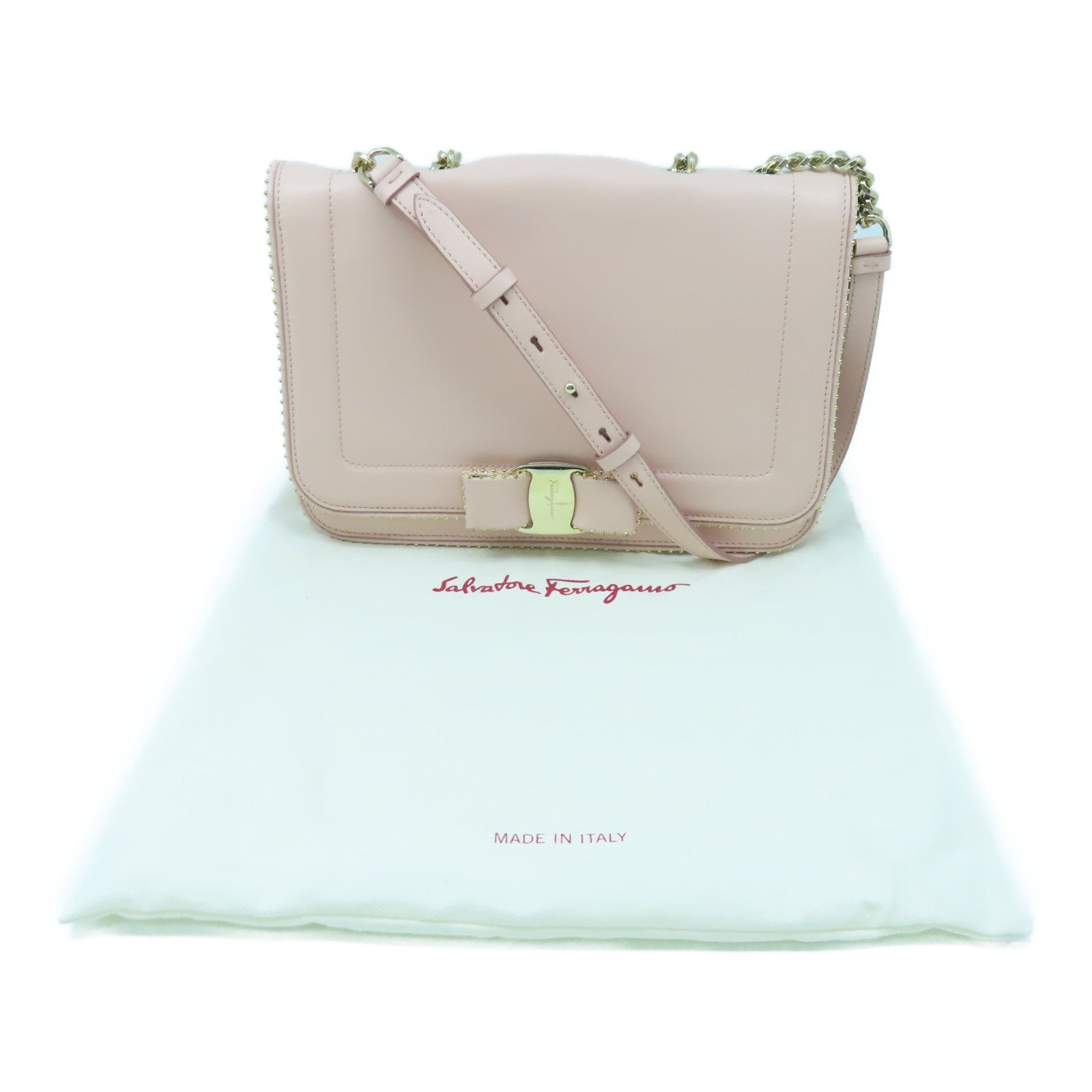 Salvatore Ferragamo Sheepskin Leather Chain Shoulder Gold Buckle Chain Shoulder Bag Pink