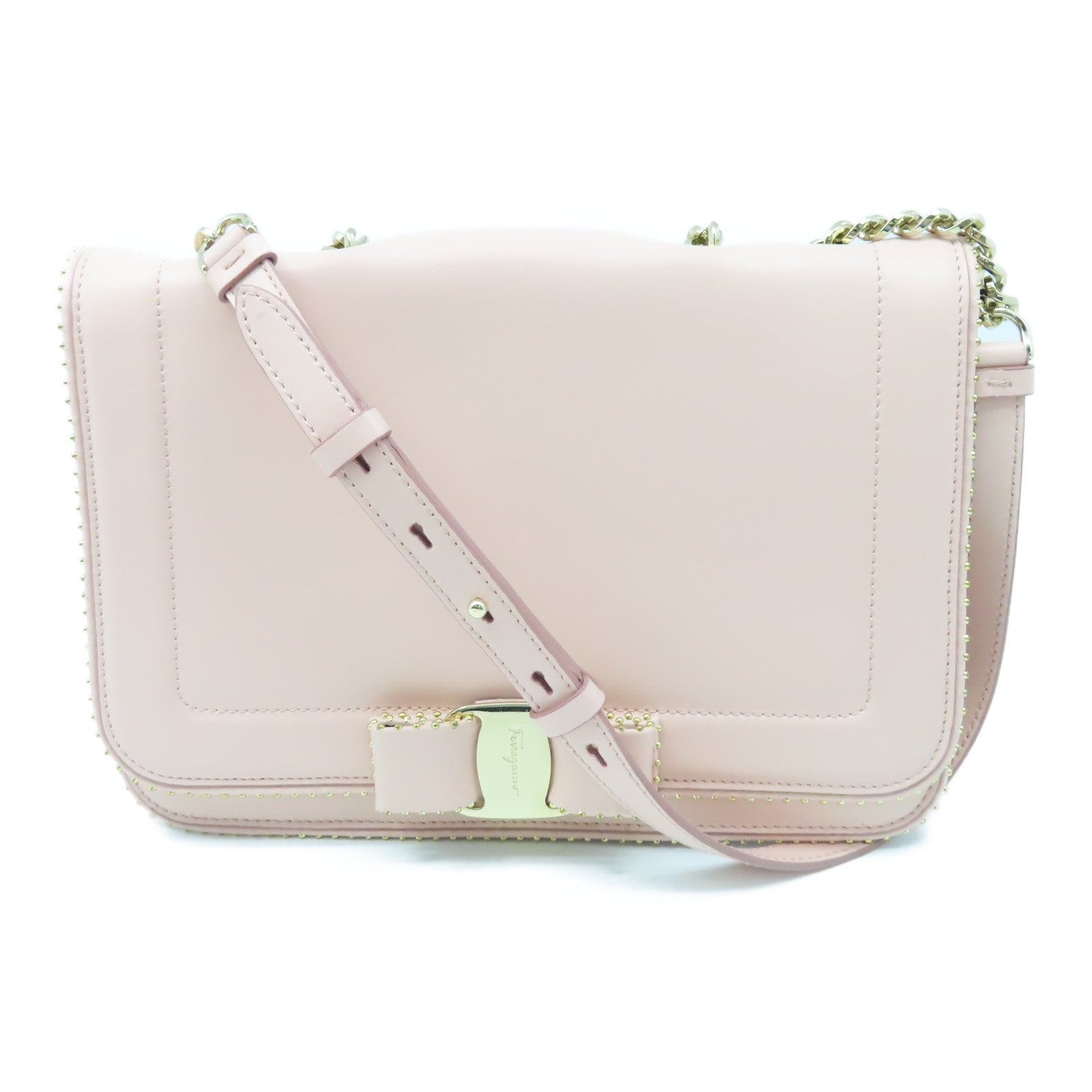 Salvatore Ferragamo Sheepskin Leather Chain Shoulder Gold Buckle Chain Shoulder Bag Pink