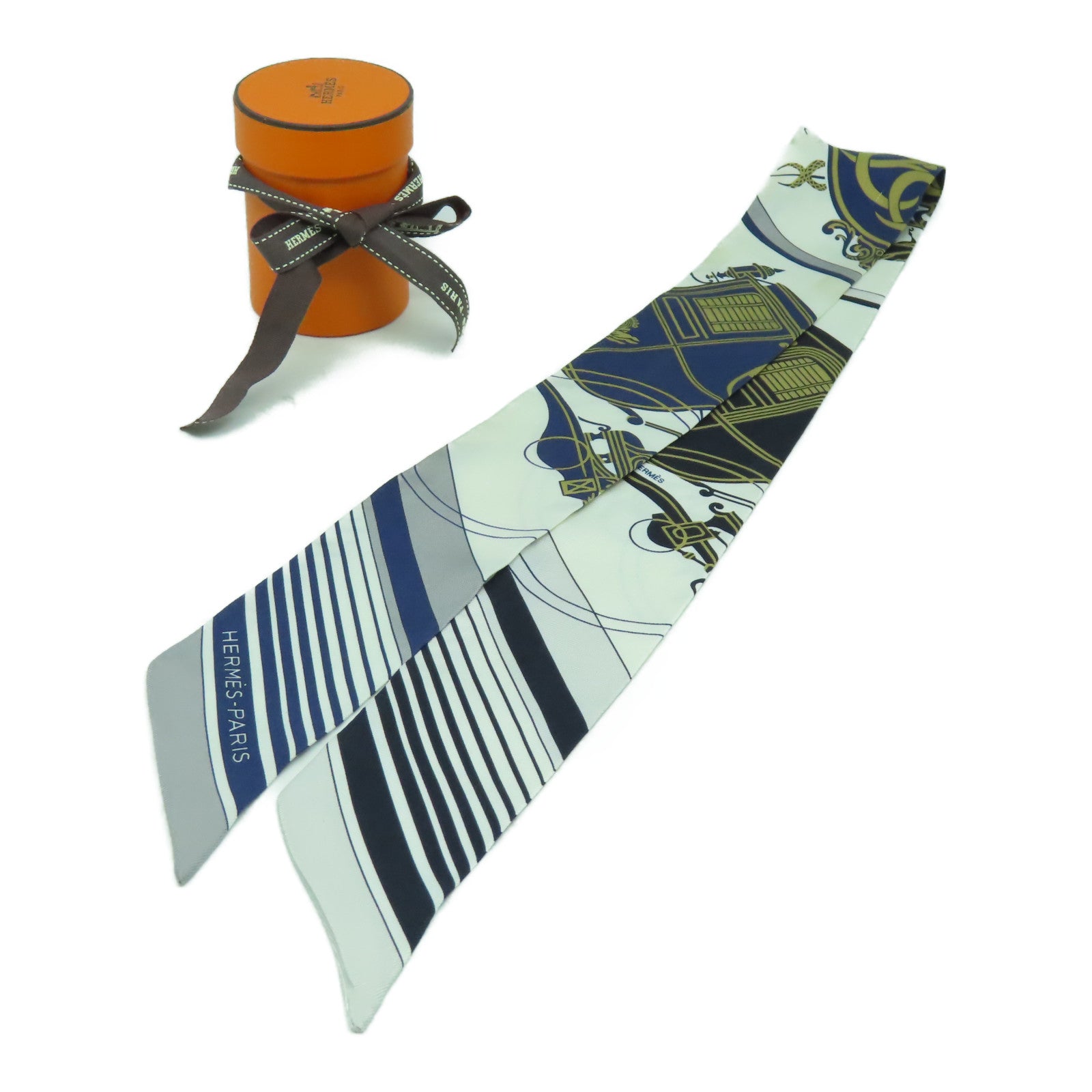 HERMES 絲質Twilly Scarf絲巾白色/藍色