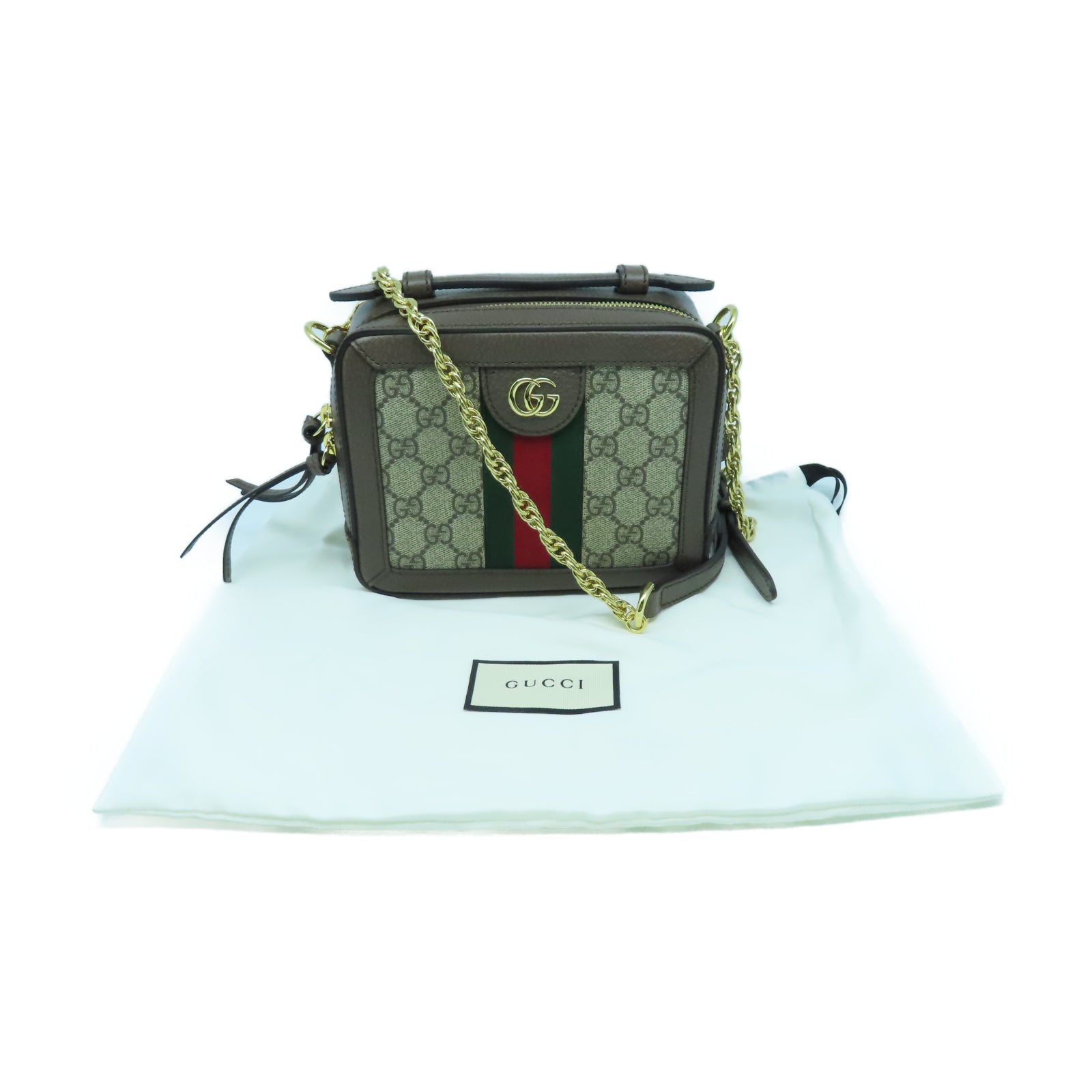 GUCCI 帆布/牛皮皮革Ophidia GG Mini金扣鏈帶肩背袋棕色