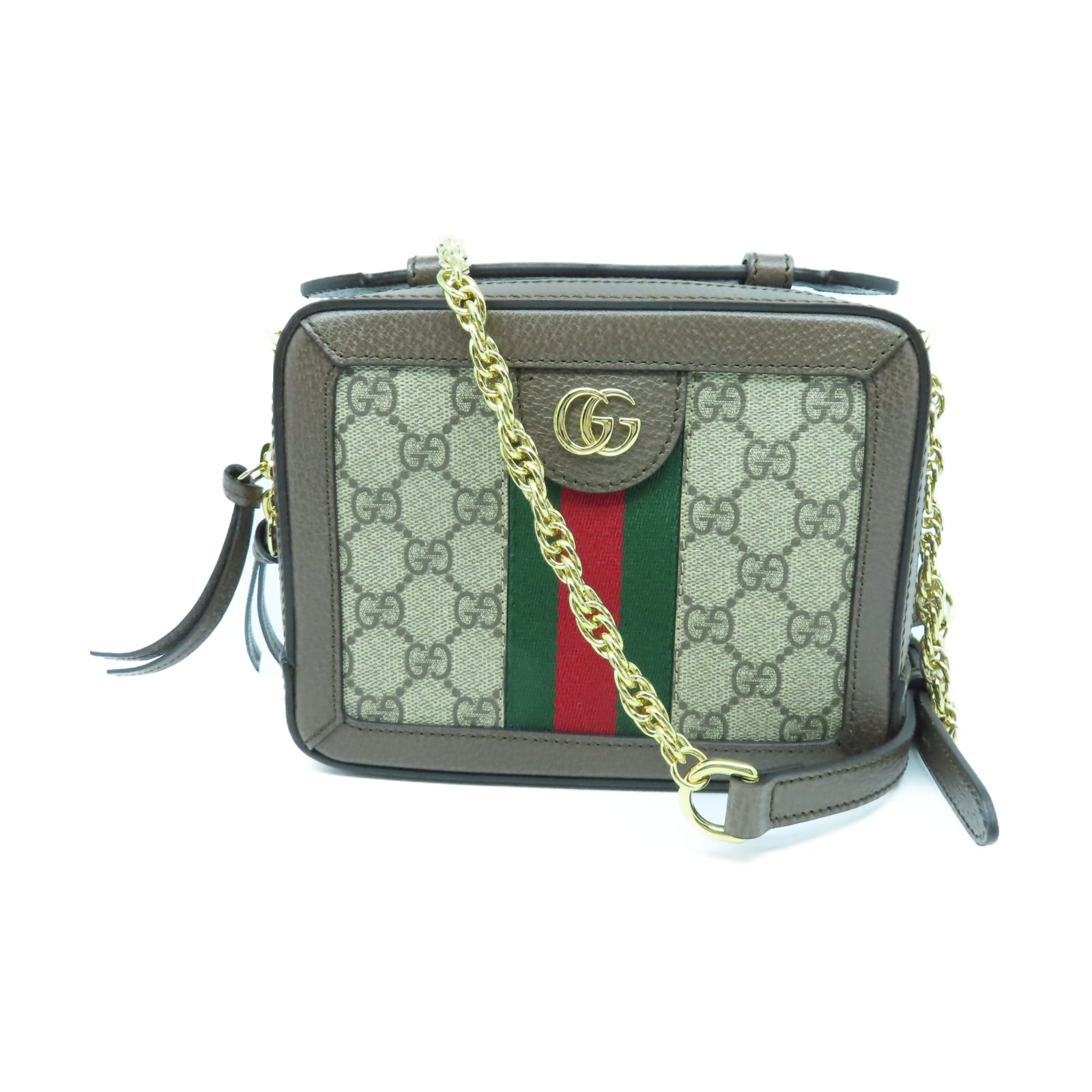 GUCCI 帆布/牛皮皮革Ophidia GG Mini金扣鏈帶肩背袋棕色