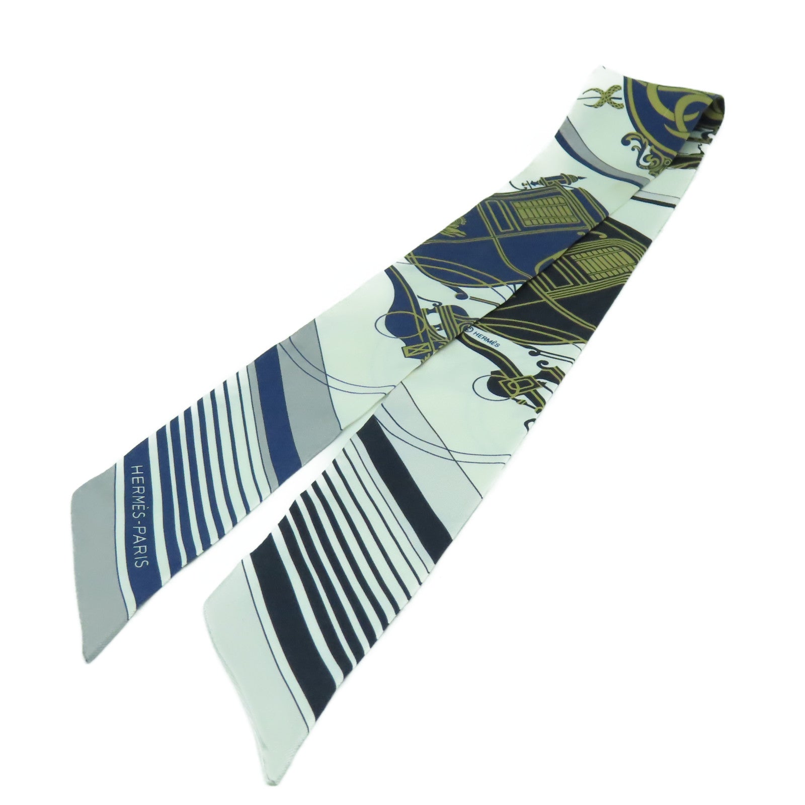 HERMES 絲質Twilly Scarf絲巾白色/藍色