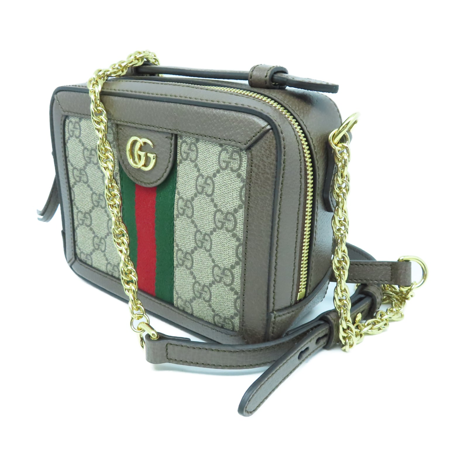 GUCCI 帆布/牛皮皮革Ophidia GG Mini金扣鏈帶肩背袋棕色