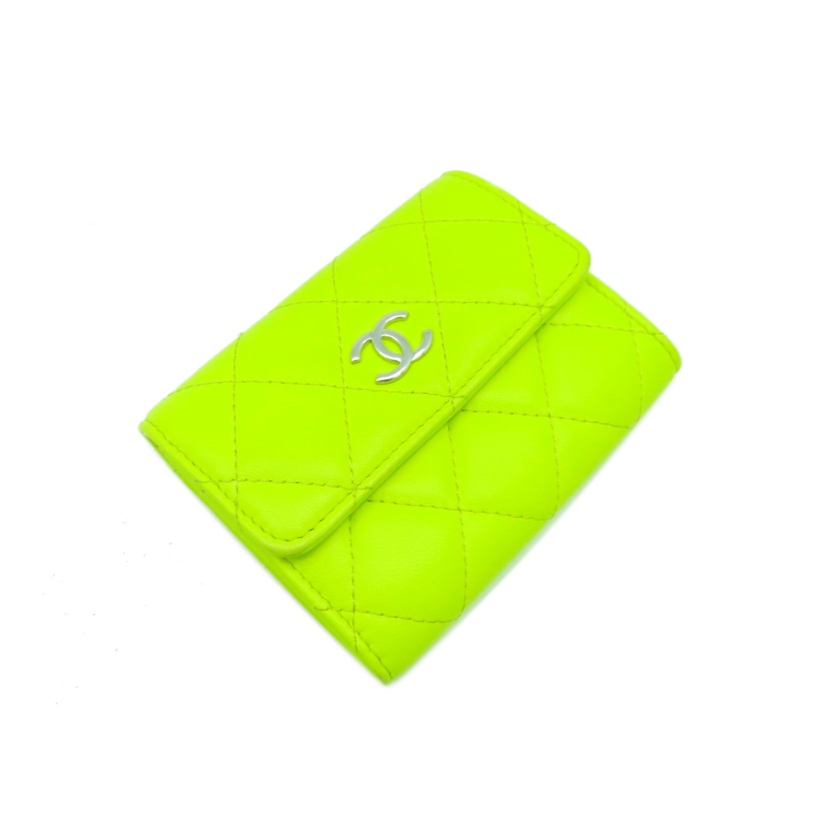 CHANEL 菱格羊皮皮革Coin Case銀扣零錢包黃色