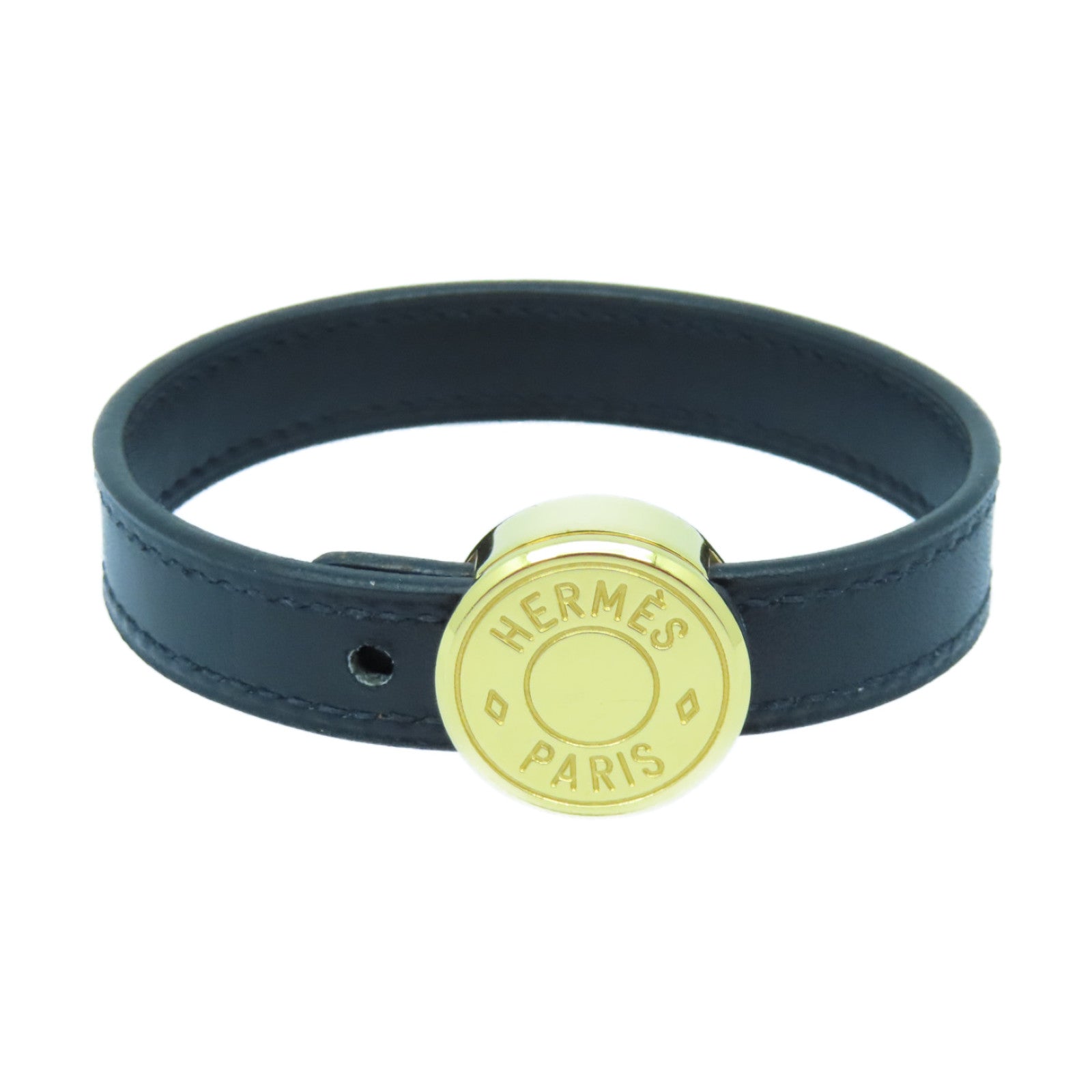 HERMES 牛皮皮革Looping Bracelet金扣手鐲黑色/橙色