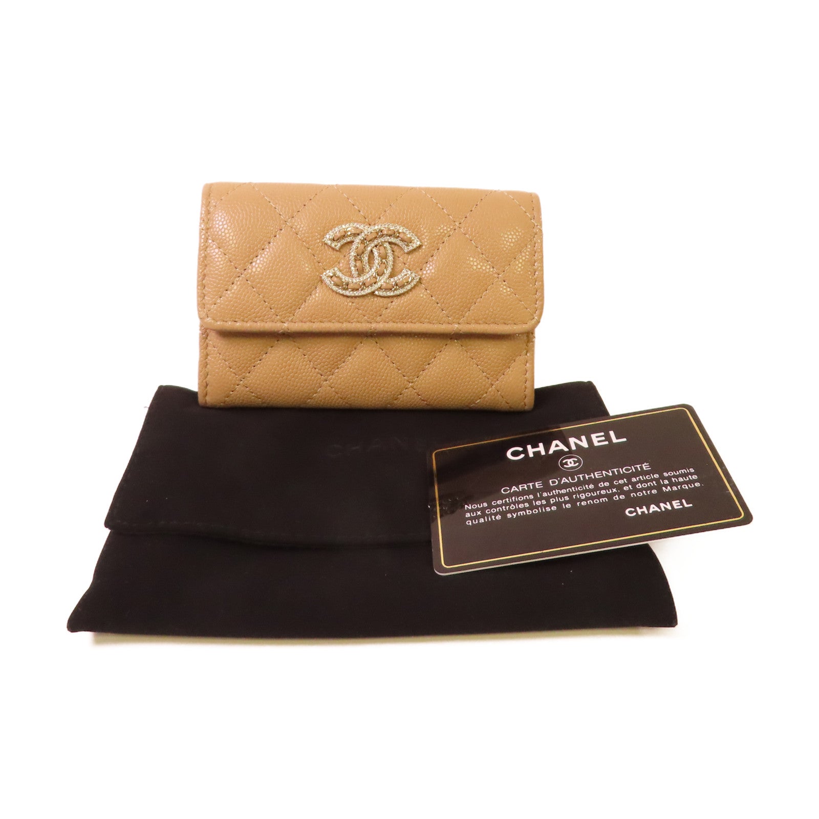 CHANEL 菱格Caviar皮革Card Case金扣卡片套杏色
