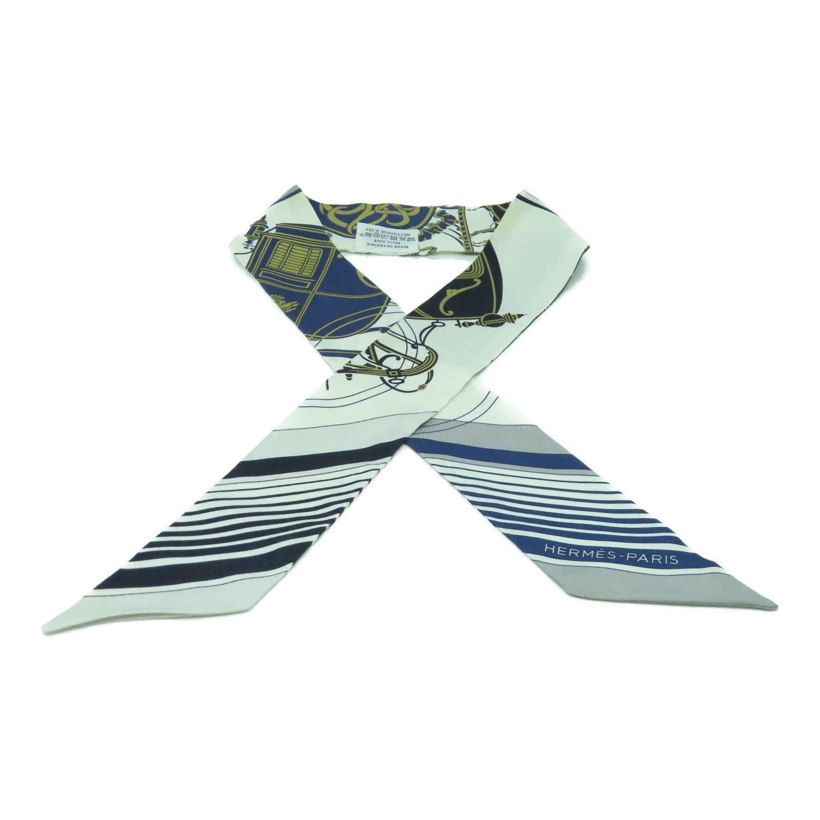 HERMES 絲質Twilly Scarf絲巾白色/藍色