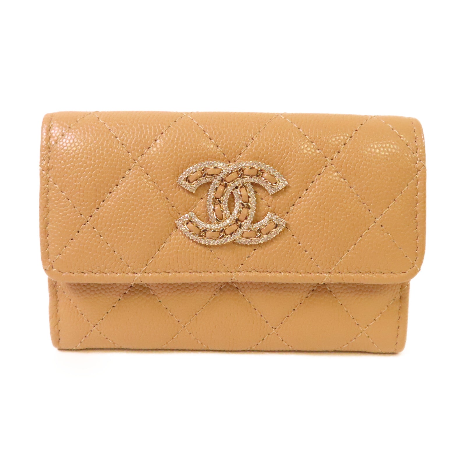 CHANEL 菱格Caviar皮革Card Case金扣卡片套杏色