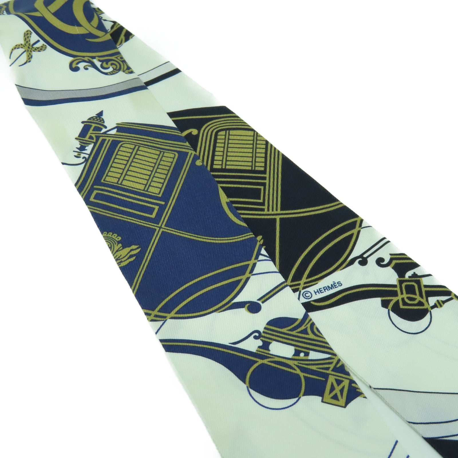 HERMES 絲質Twilly Scarf絲巾白色/藍色