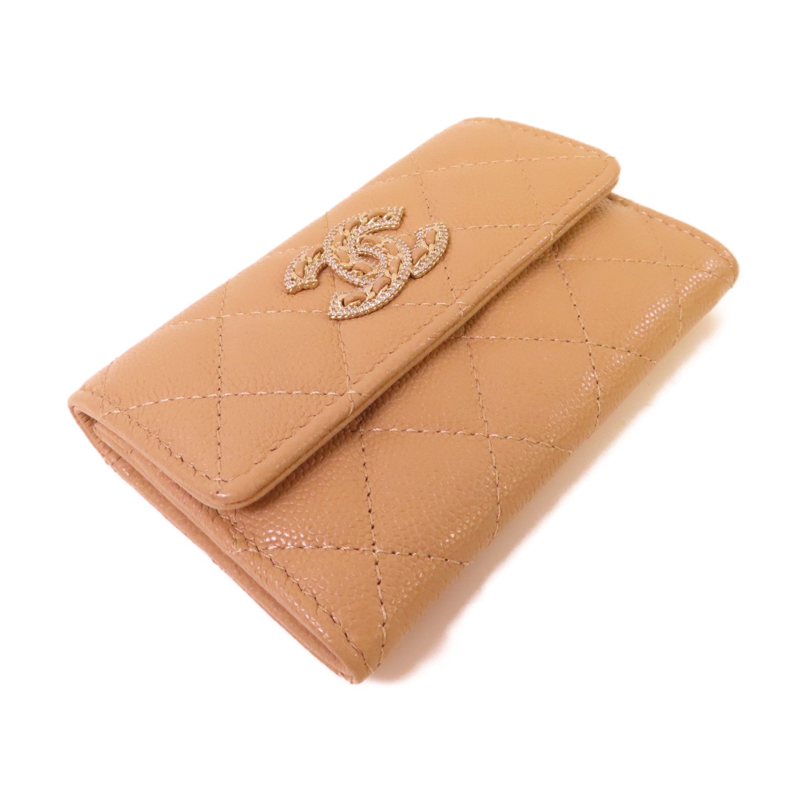 CHANEL 菱格Caviar皮革Card Case金扣卡片套杏色