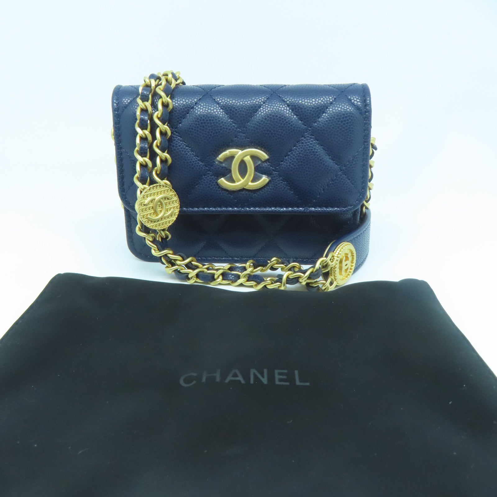 CHANEL 菱格Caviar皮革Chain Shoulder Bag金扣鏈帶肩背袋深藍色