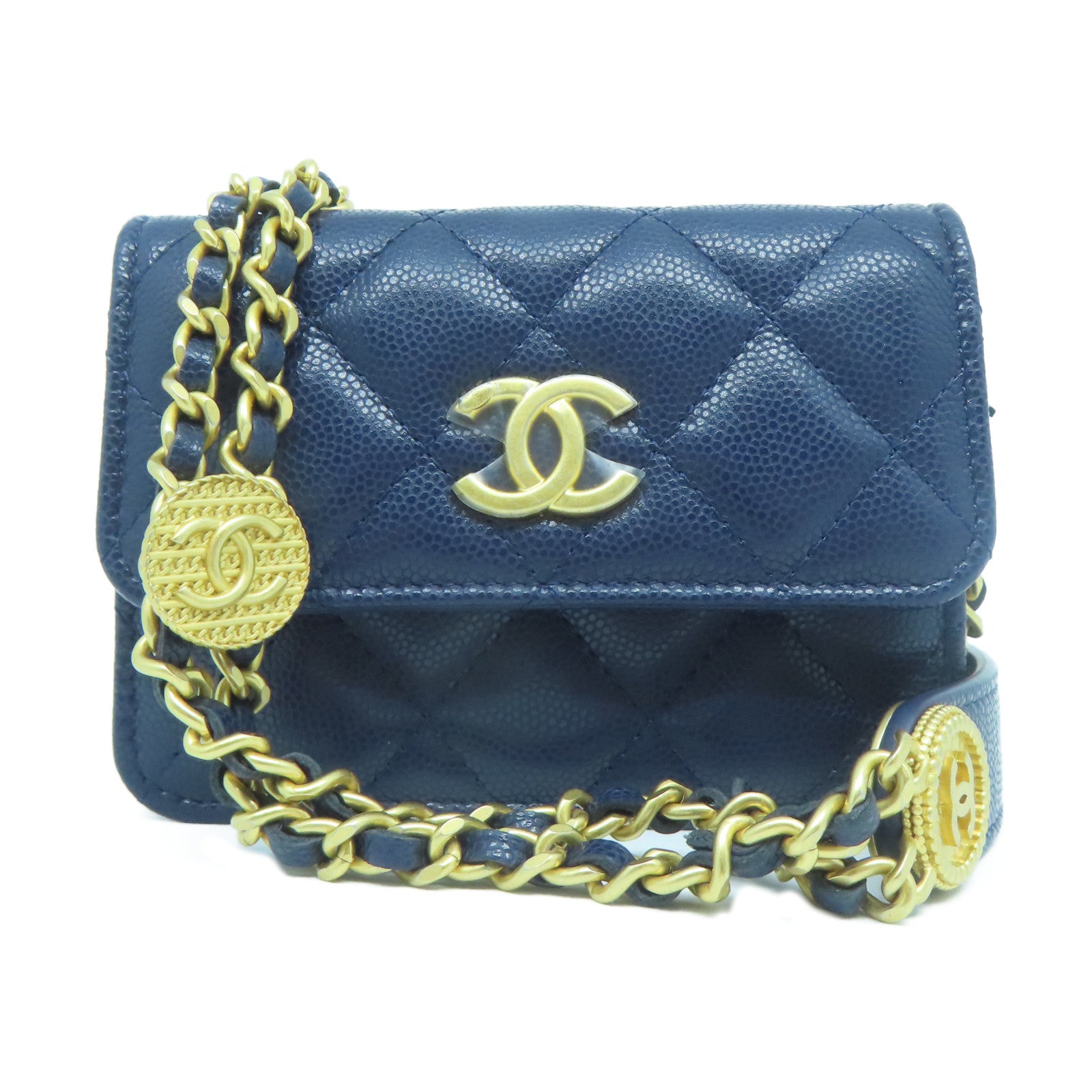 CHANEL 菱格Caviar皮革Chain Shoulder Bag金扣鏈帶肩背袋深藍色