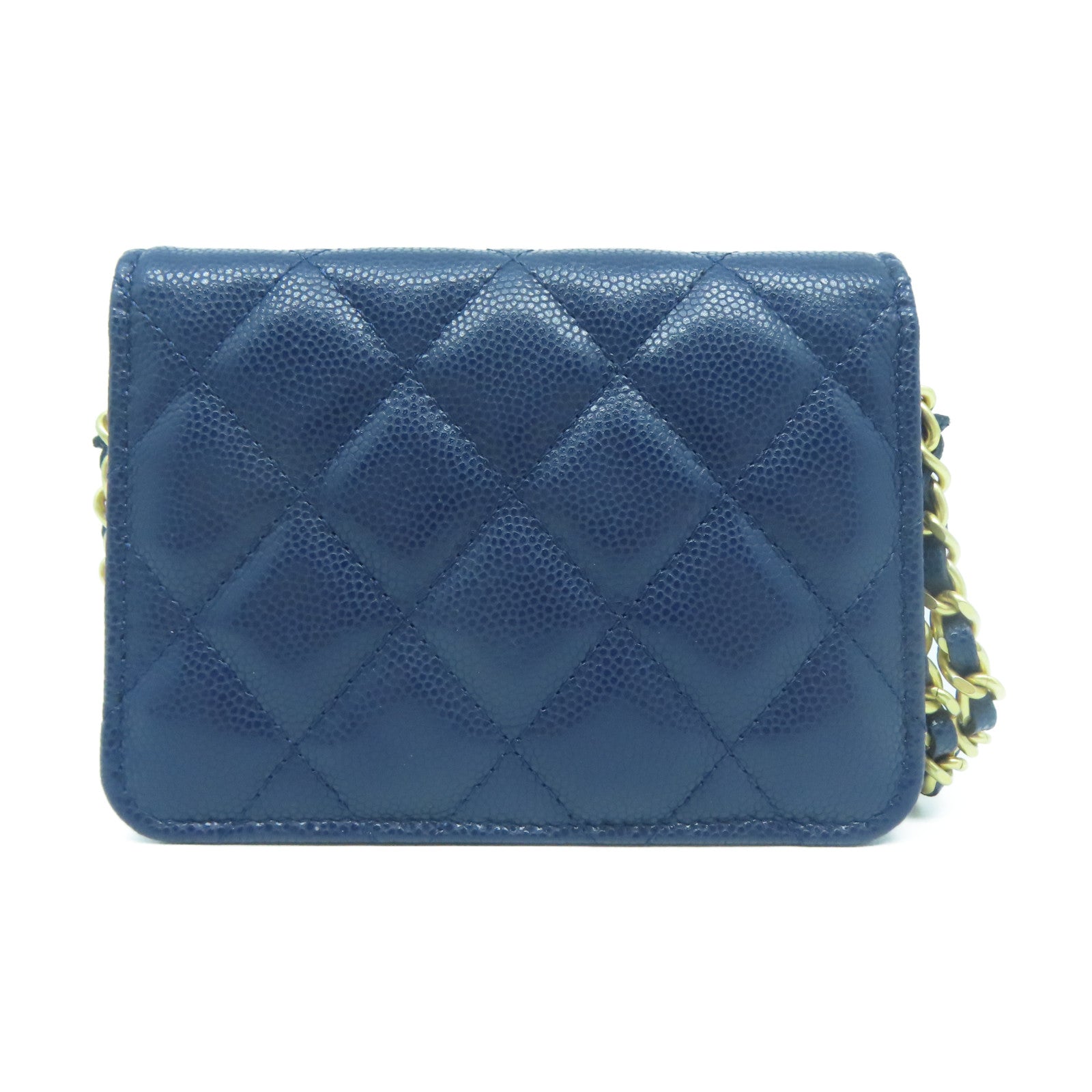CHANEL 菱格Caviar皮革Chain Shoulder Bag金扣鏈帶肩背袋深藍色