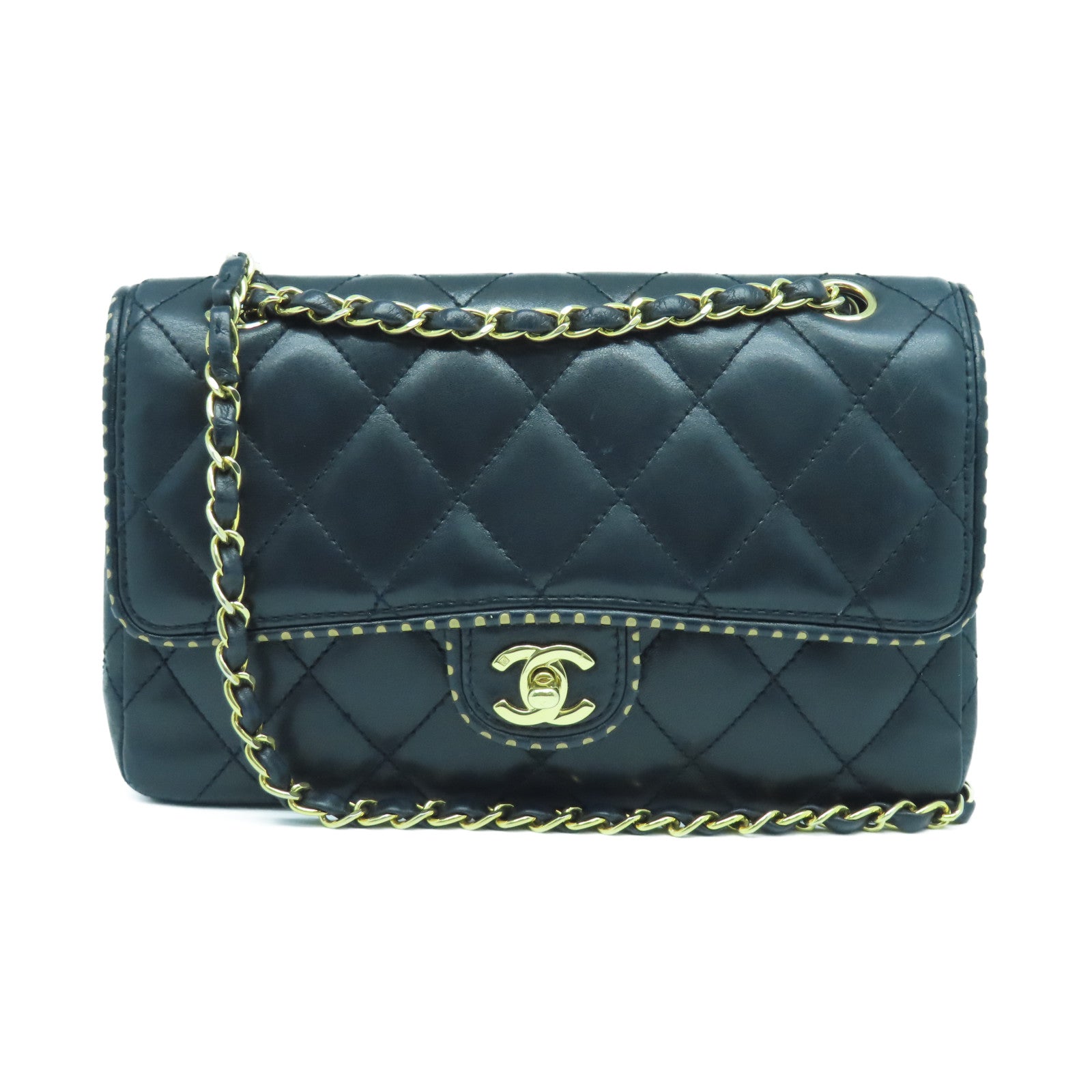 CHANEL rhombic sheepskin leather Chain Shoulder Bag gold buckle chain shoulder bag black