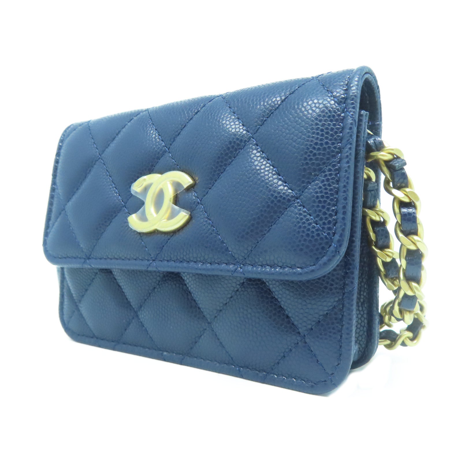 CHANEL 菱格Caviar皮革Chain Shoulder Bag金扣鏈帶肩背袋深藍色