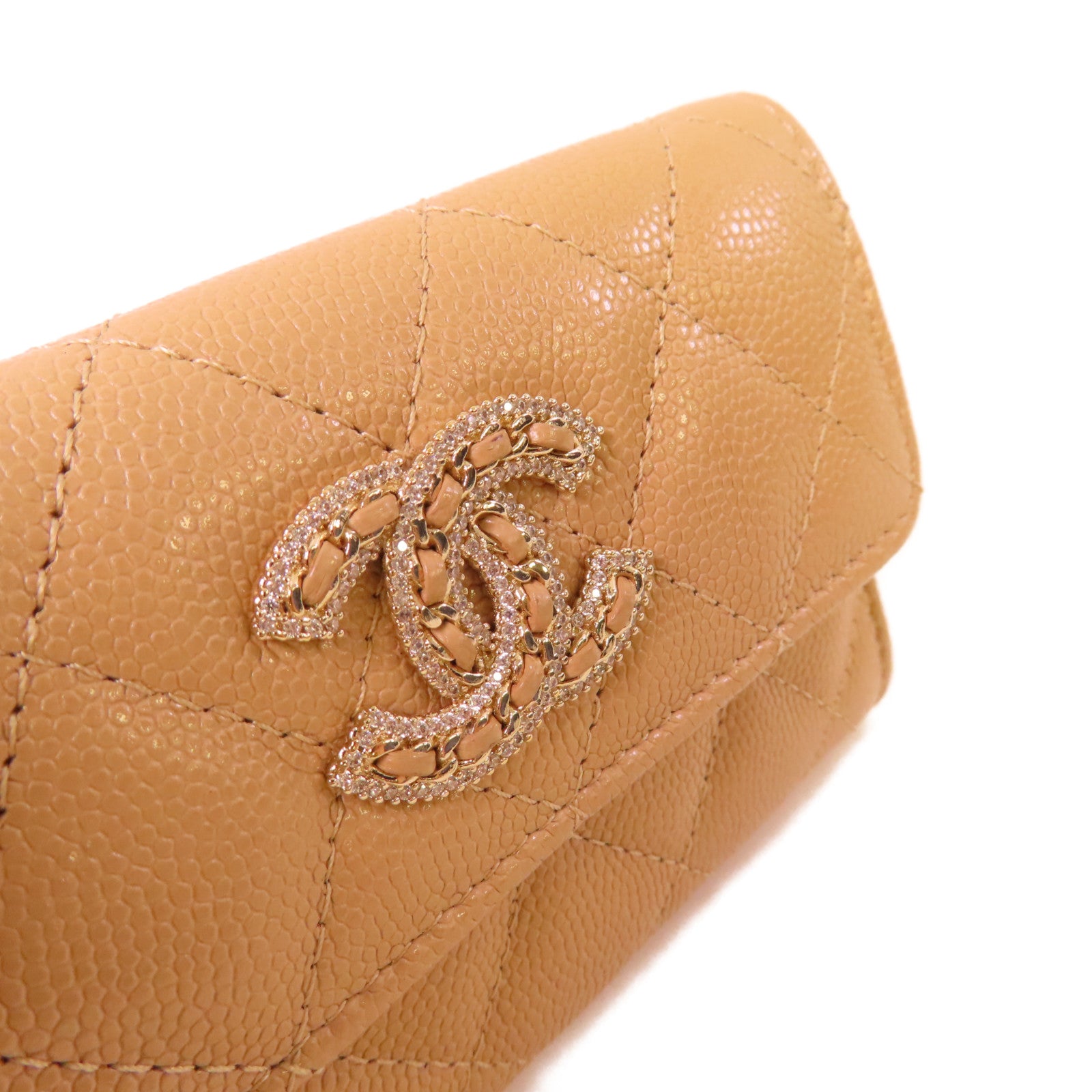 CHANEL 菱格Caviar皮革Card Case金扣卡片套杏色