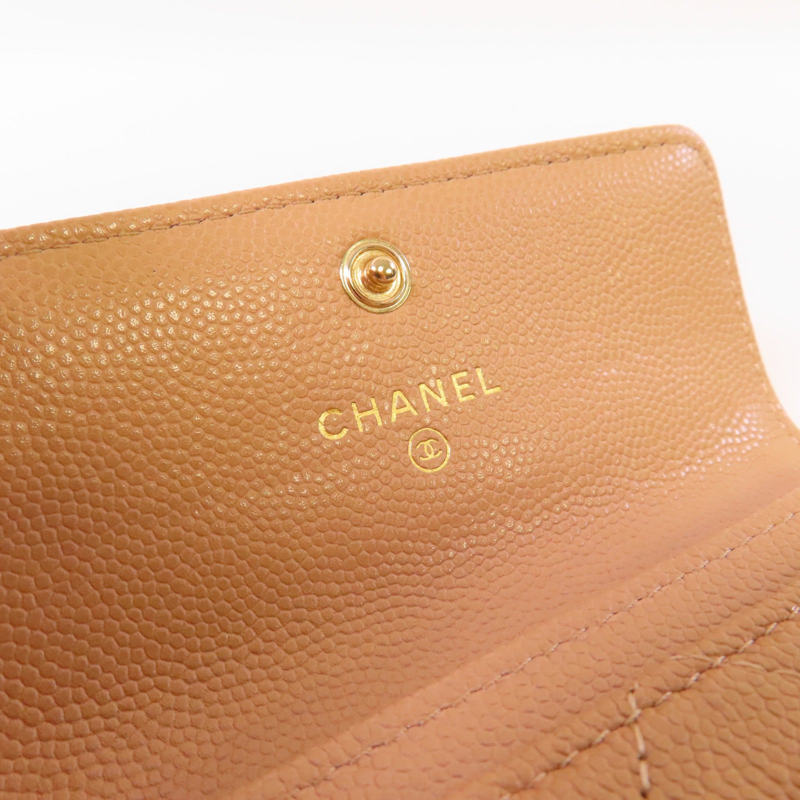 CHANEL 菱格Caviar皮革Card Case金扣卡片套杏色