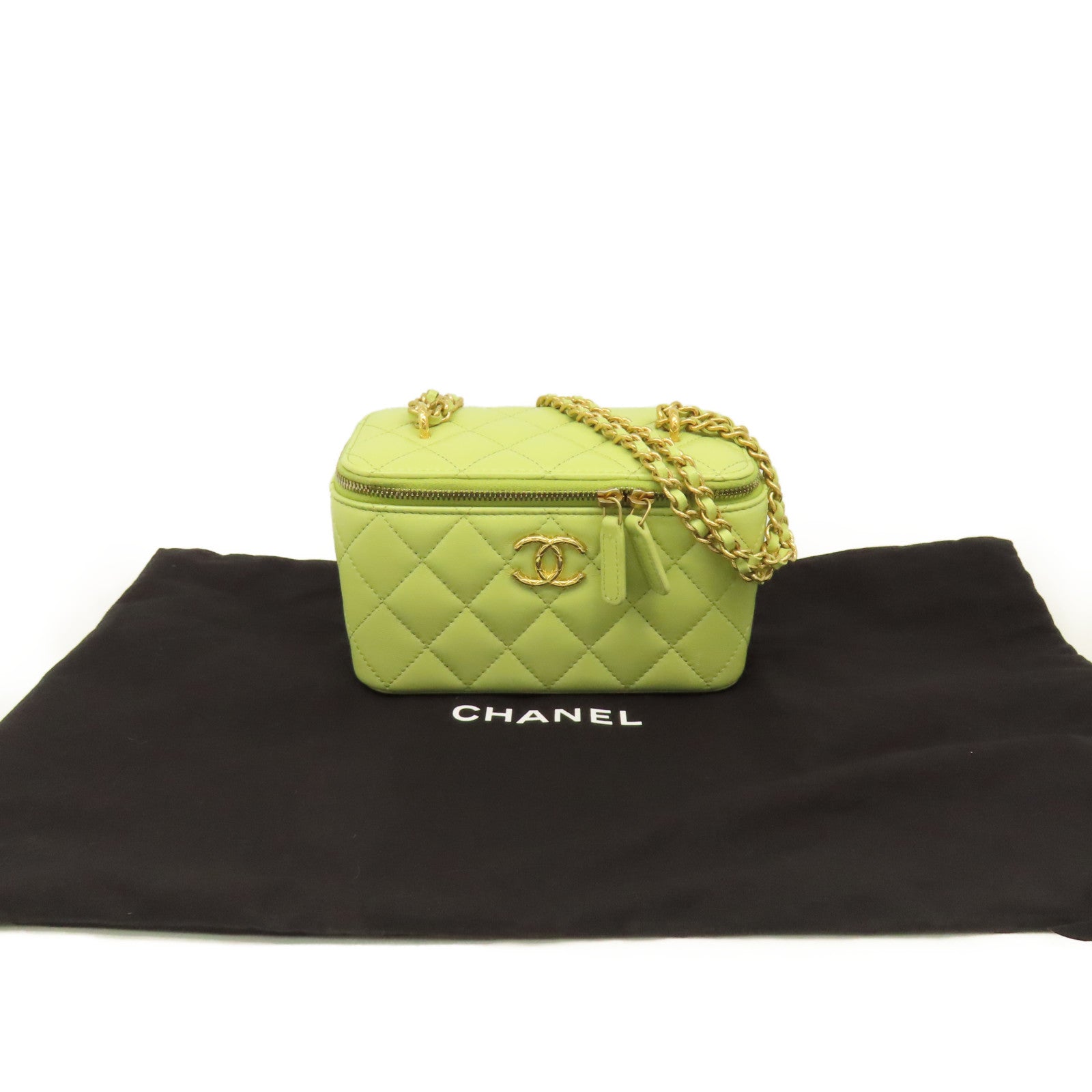 CHANEL 菱格牛皮皮革Chain Shoulder Bag金扣鏈帶肩背袋牛油果色