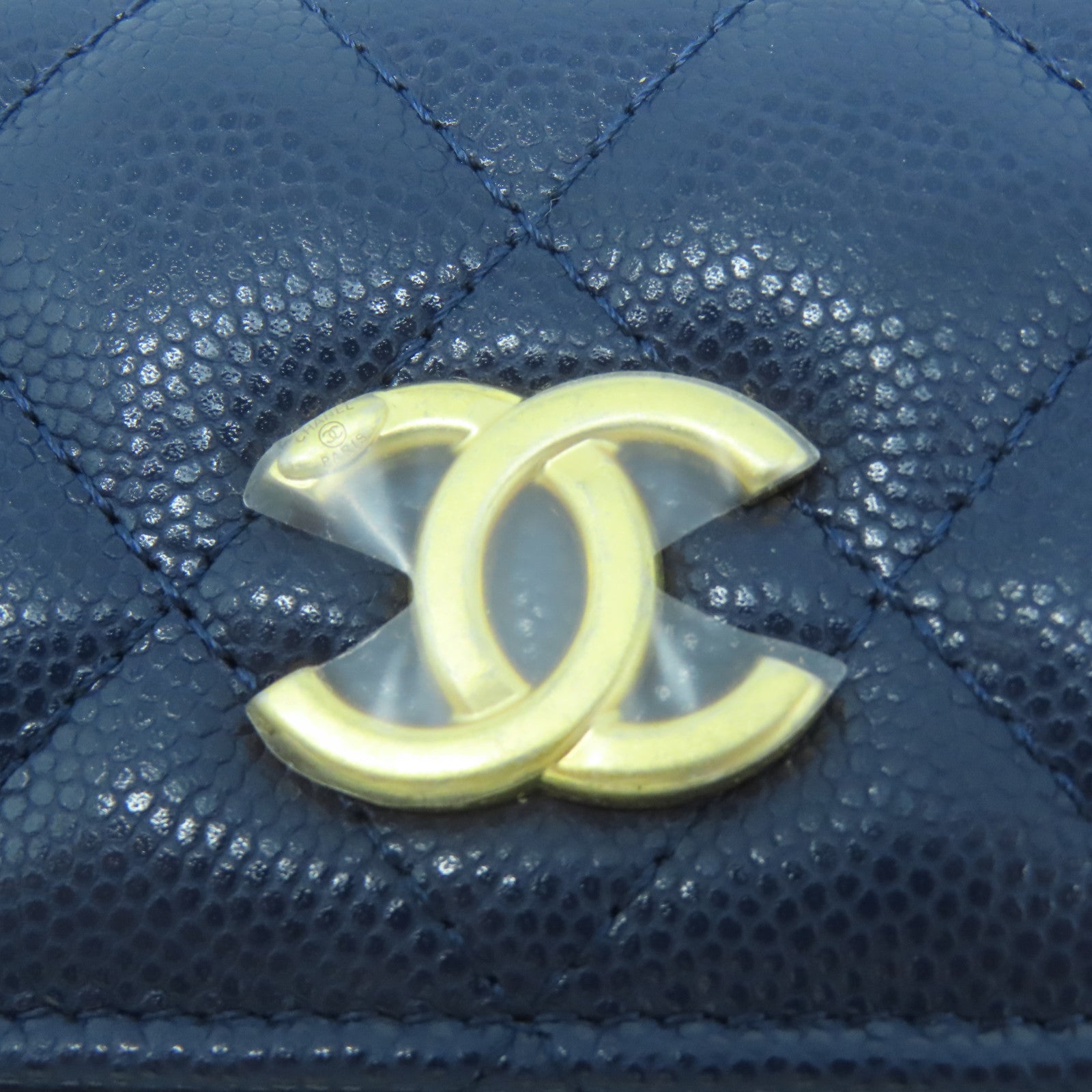 CHANEL 菱格Caviar皮革Chain Shoulder Bag金扣鏈帶肩背袋深藍色