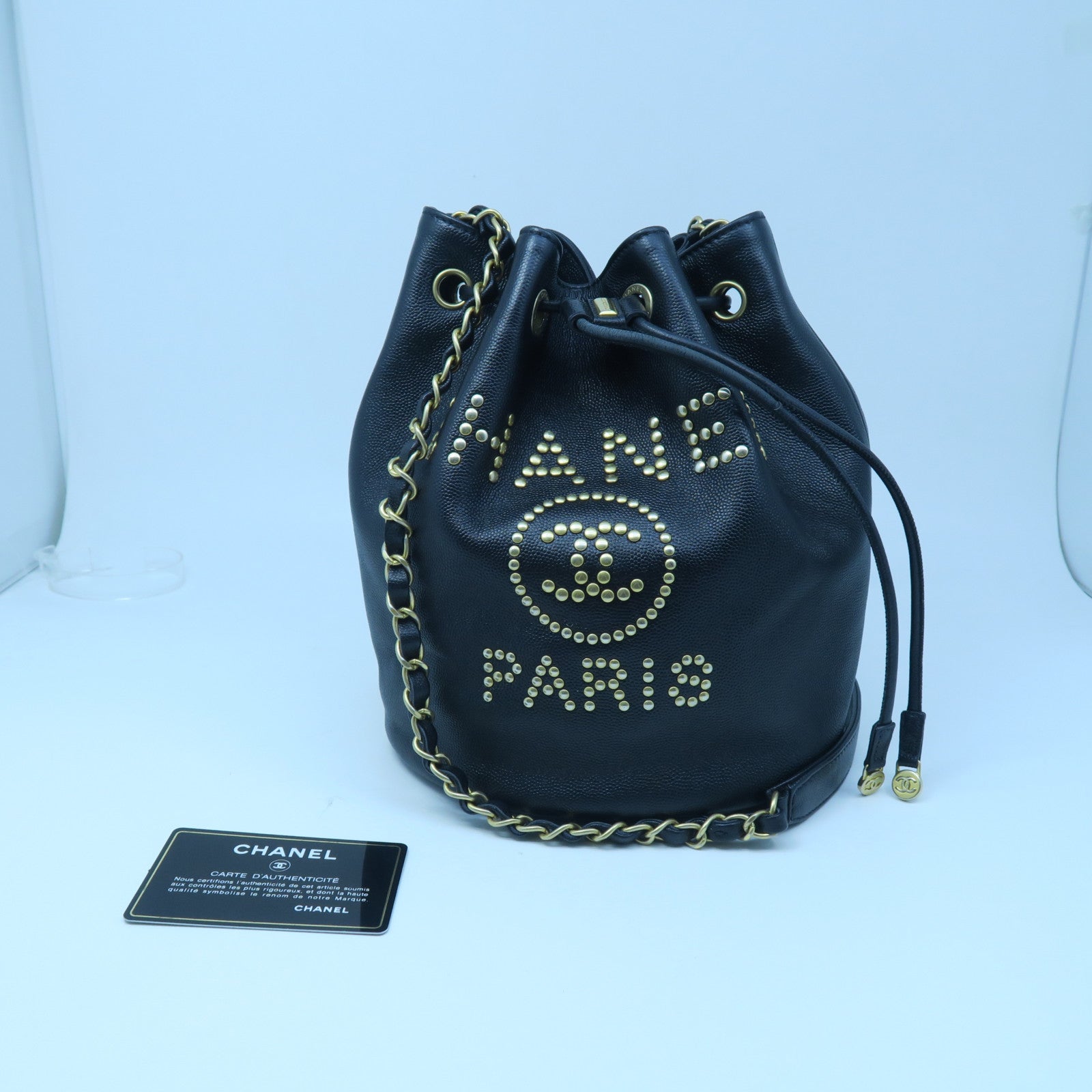 CHANEL Caviar Leather Small Bucket with Chain Gold Buckle Chain Shoulder Bag Black