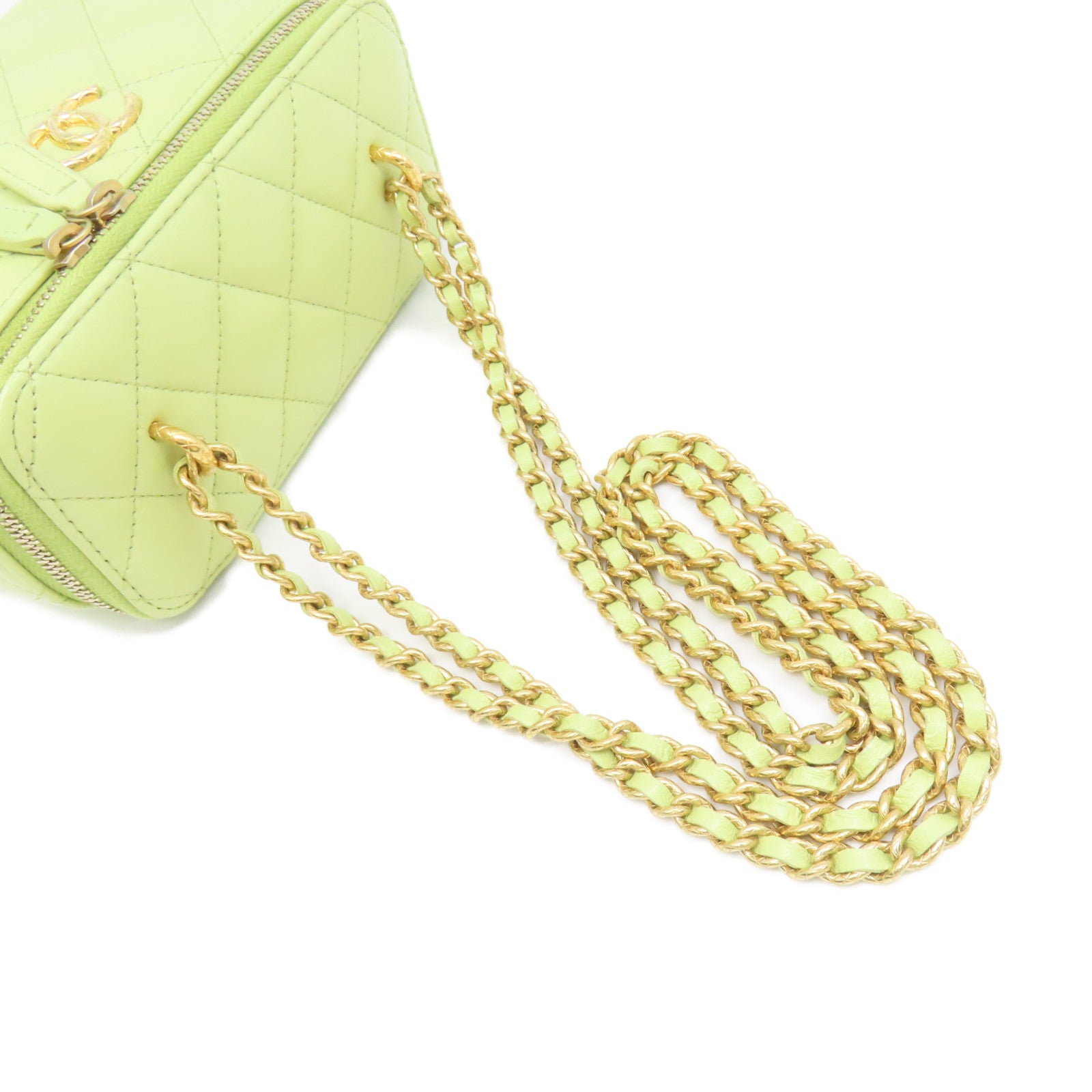 CHANEL 菱格牛皮皮革Chain Shoulder Bag金扣鏈帶肩背袋牛油果色