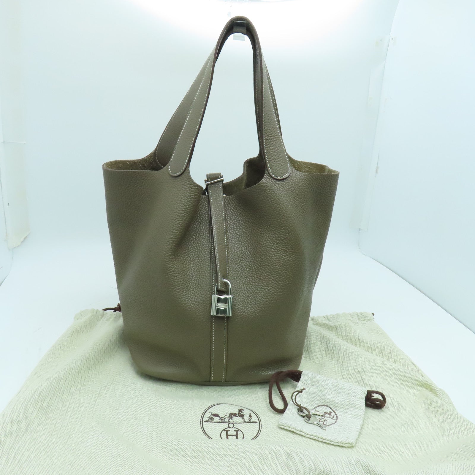 HERMES Clemence皮革Picotin GM手挽袋银扣灰色
