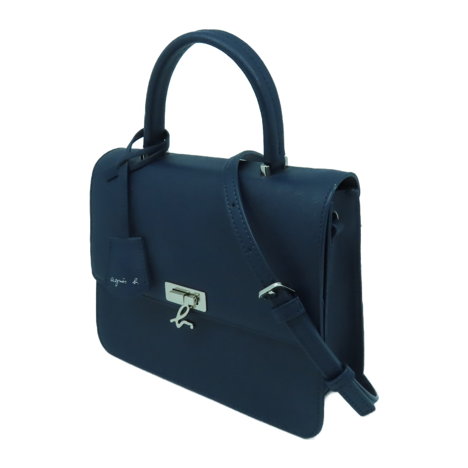 agnes b. 牛皮皮革Shoulder Bag銀扣手挽肩背兩用袋藍色