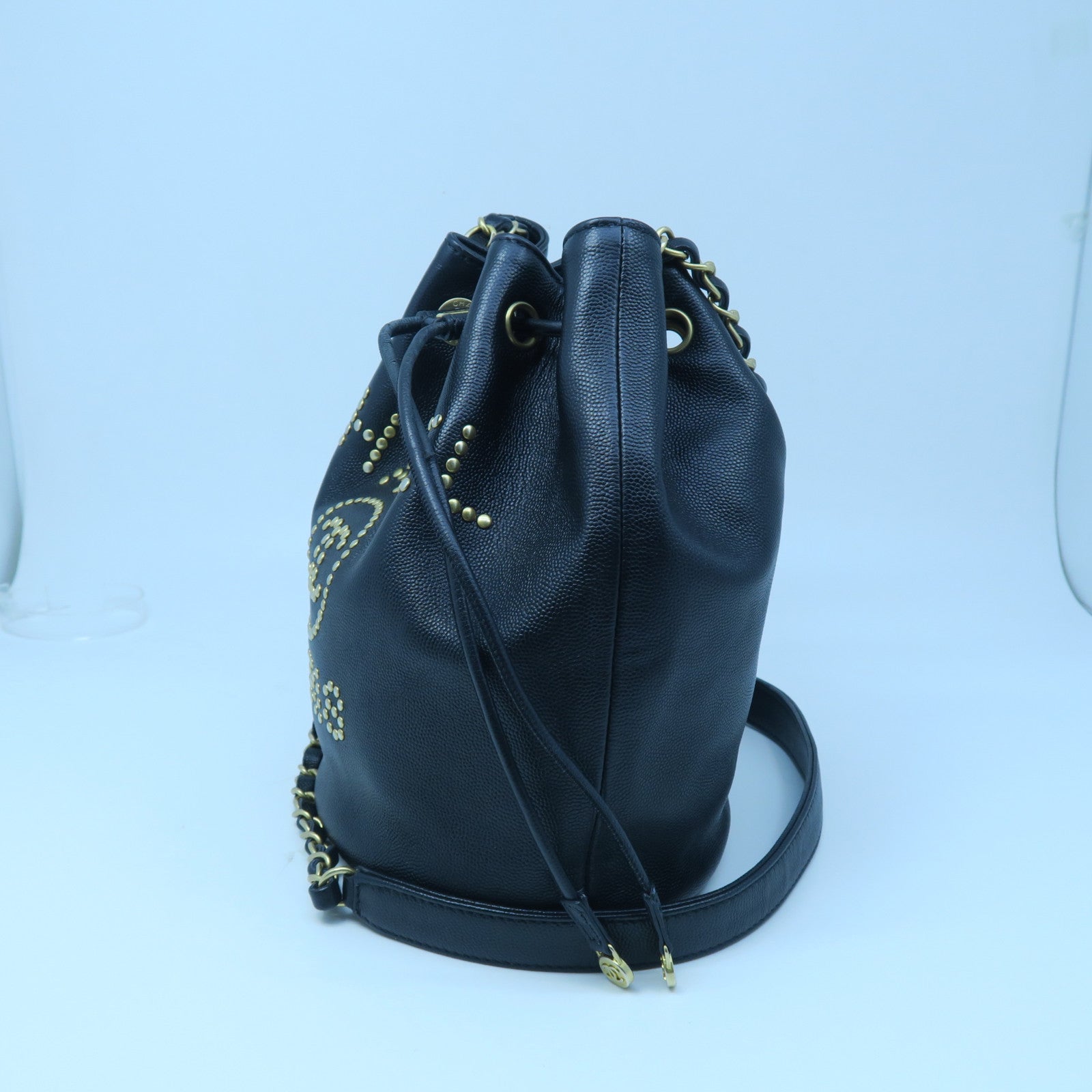 CHANEL Caviar Leather Small Bucket with Chain Gold Buckle Chain Shoulder Bag Black