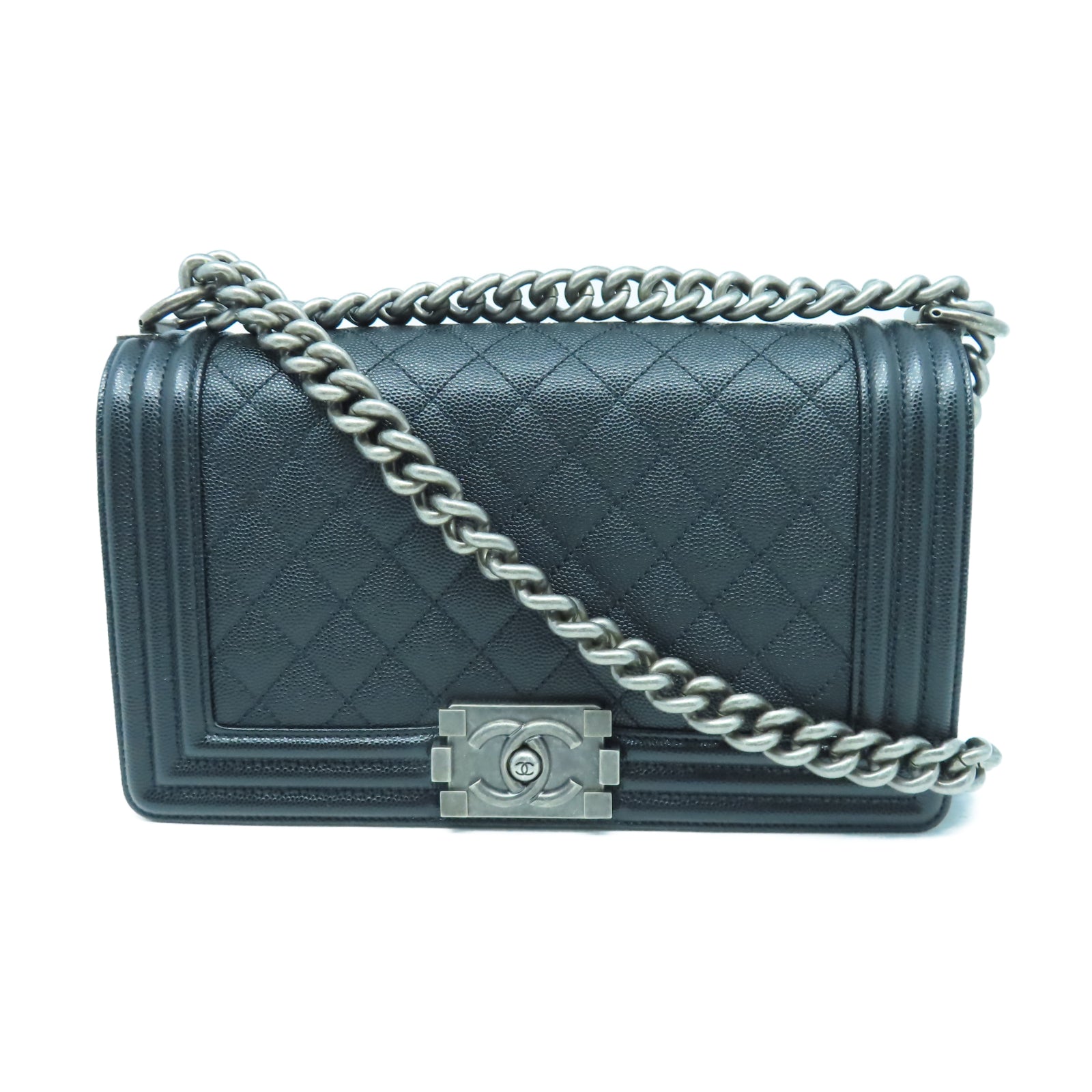 CHANEL 菱格牛皮皮革Boy Chanel 25cm銀扣鏈帶肩背袋黑色