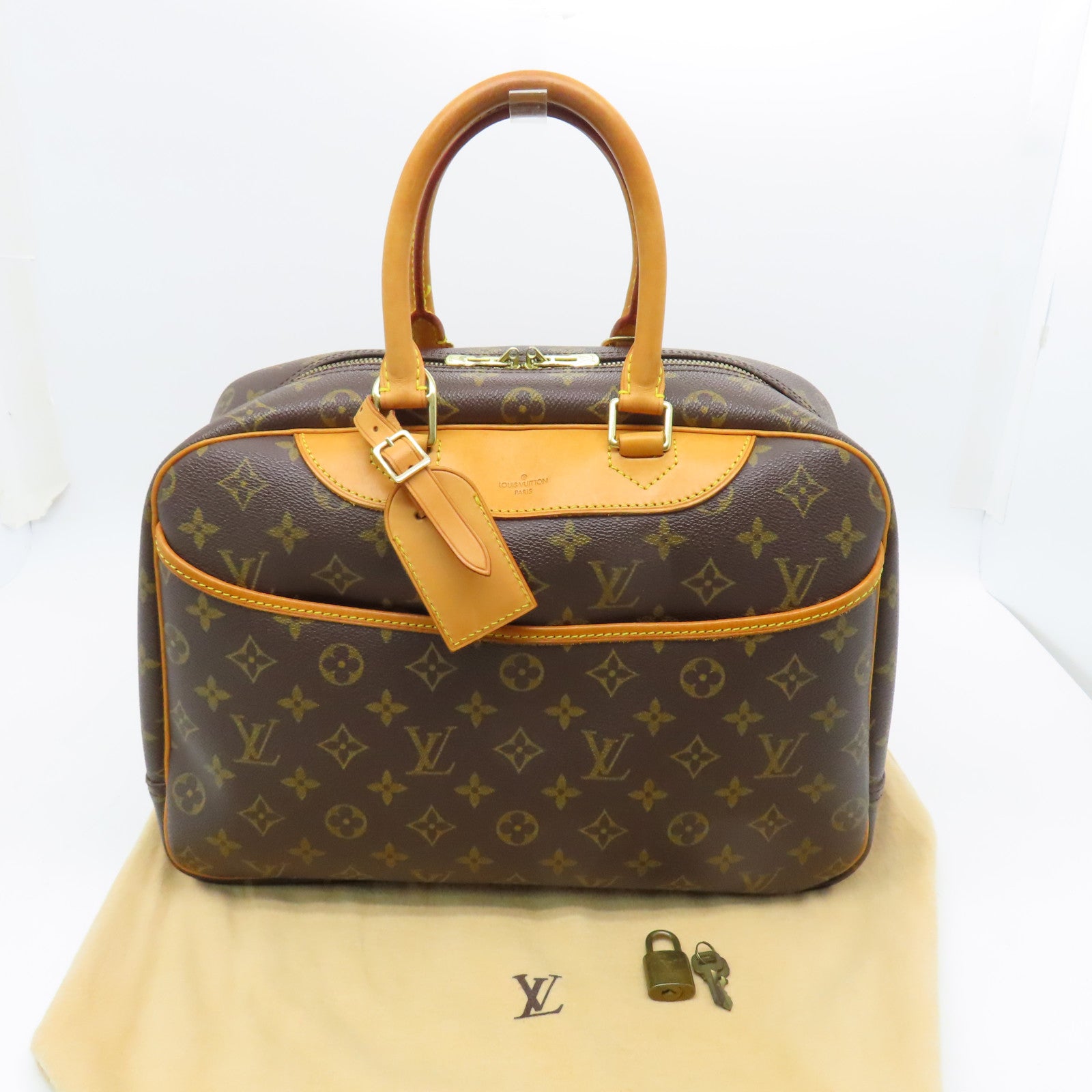 LOUIS VUITTON Monogram Deauville gold buckle handle bag brown