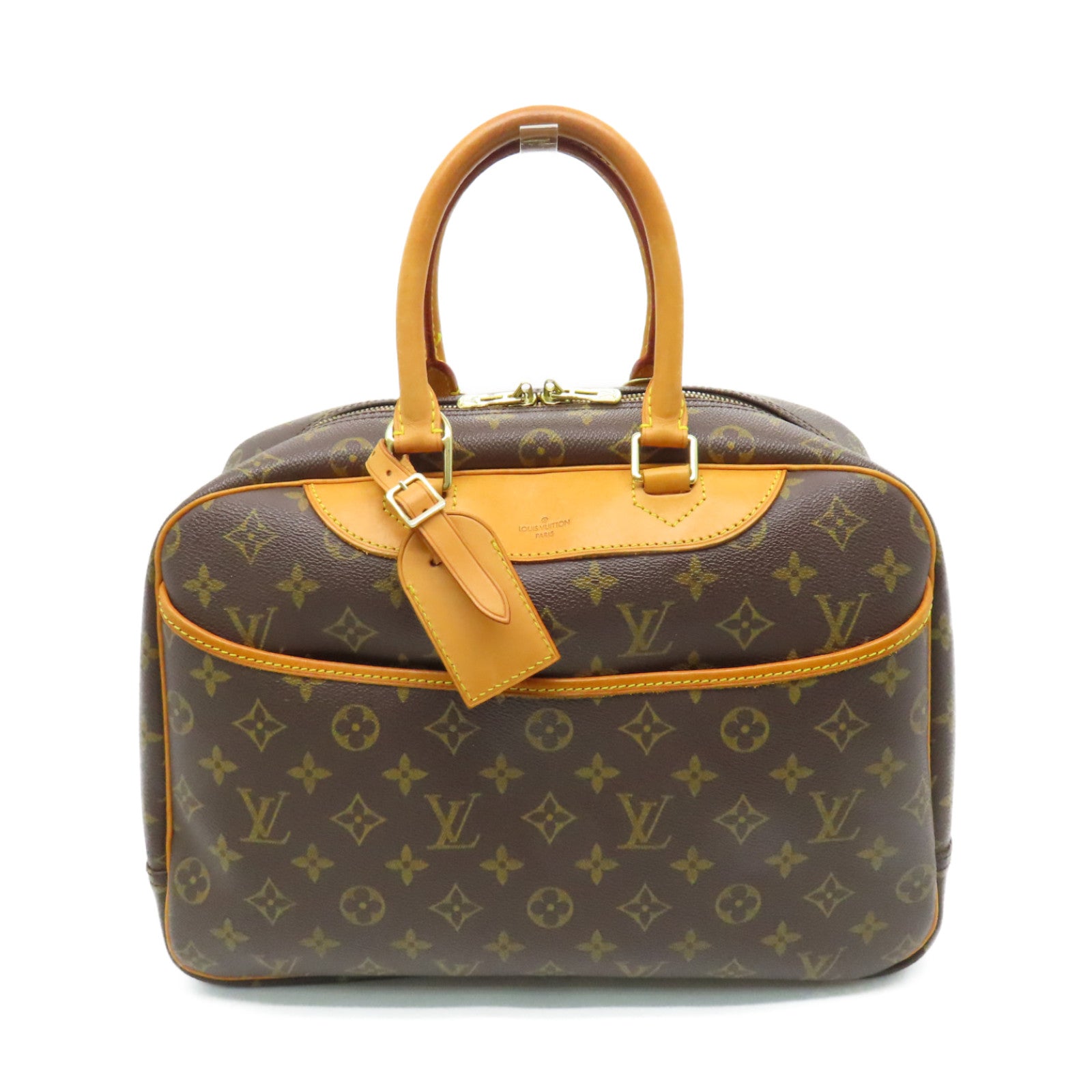 LOUIS VUITTON Monogram Deauville gold buckle handle bag brown