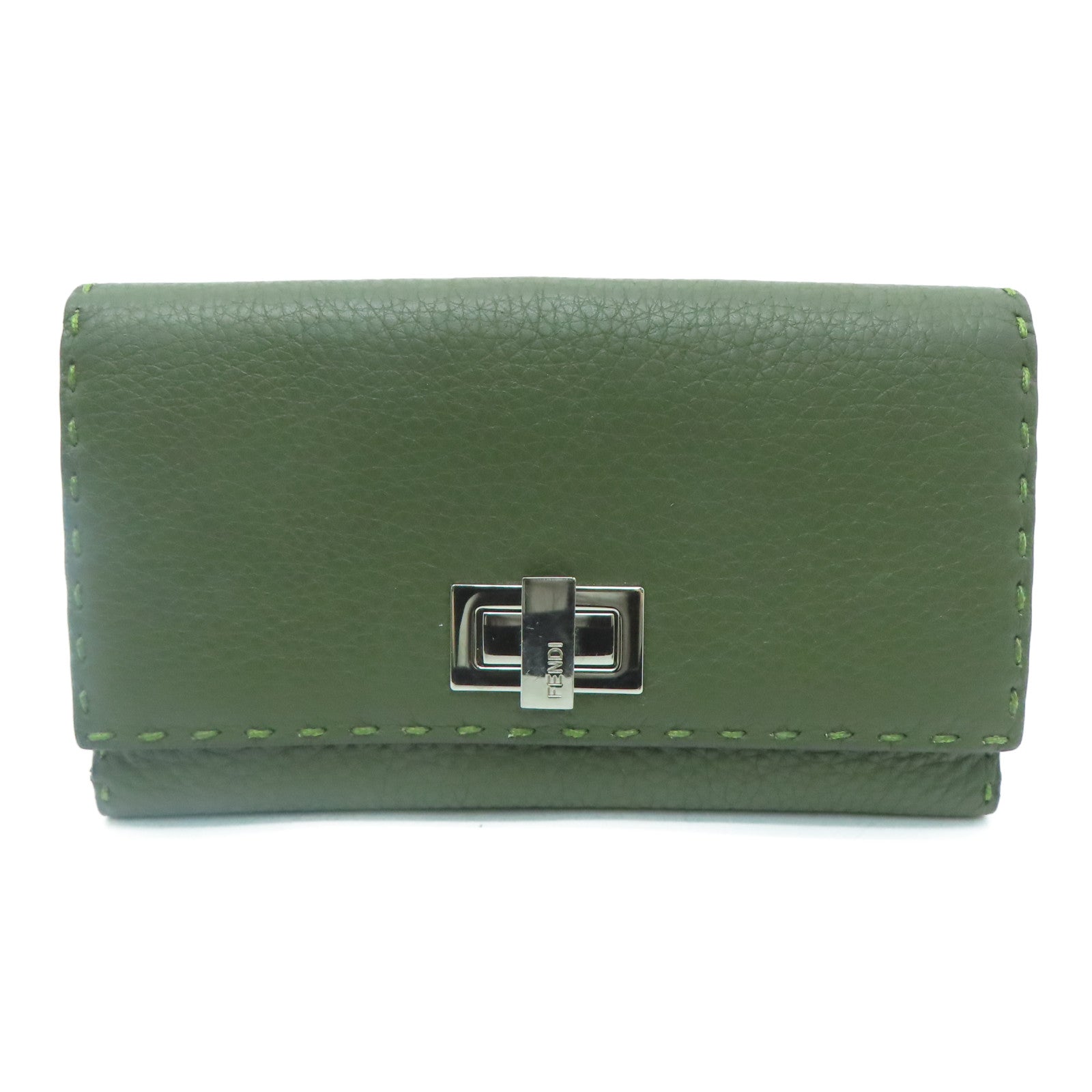 FENDI [Sharp Discount] Cowhide Leather Long Wallet Silver Buckle Wallet Green