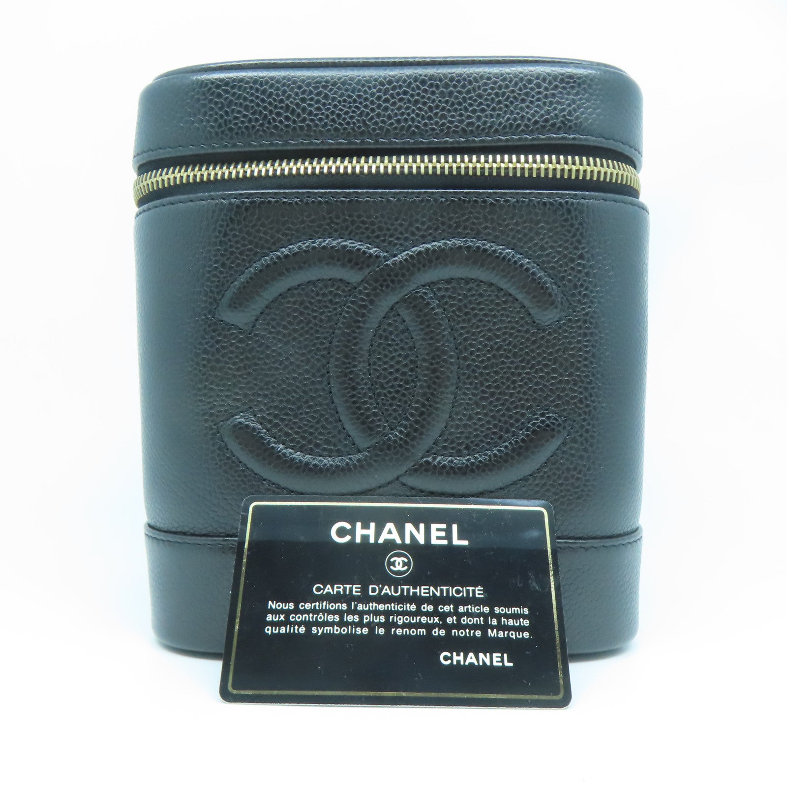 CHANEL Caviar皮革Vanity金扣化妝袋黑色